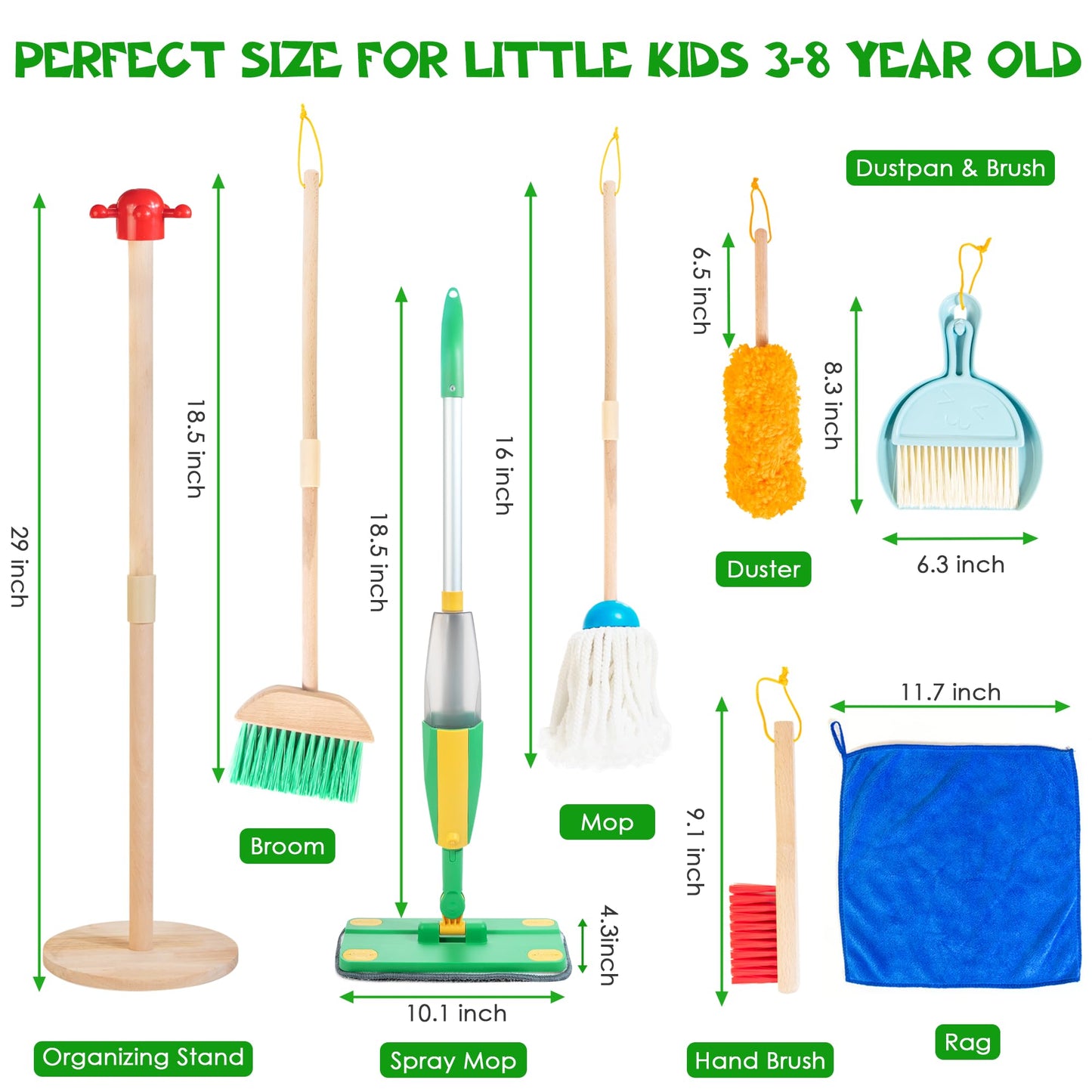 WOODMAM Wooden Kids Cleaning Set with Spray Mop, Montessori Cleaning Toys Real Water Sprayer and Toddler Broom Mop Set, Housework Pretend Play Toy Gift for Boys Girls Ages 3+