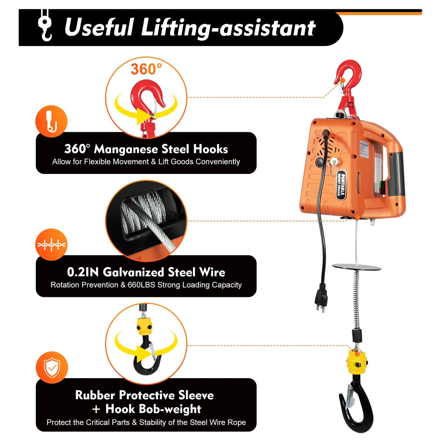 2300LBS/1T Electric Hoist Winch Portable Electric Power Winch New Upgrade Electric Hoist Crane w/Overload Protection 38ft Lifting Height for Attic Pro Utility Lift,3 in 1 Control Method