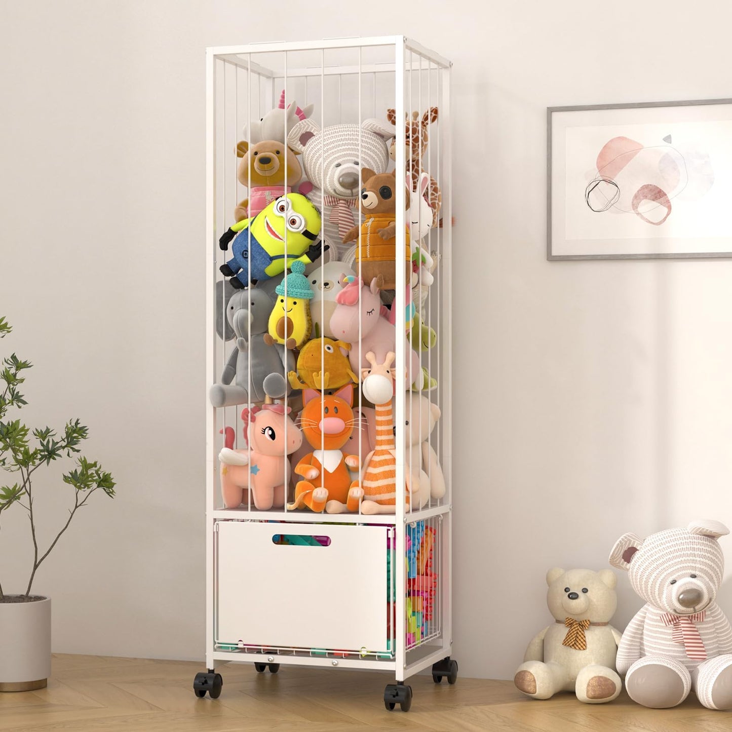 BUKFEN Metal Stuffed Animal Storage Zoo Toy Organizer - Large Capacity Plush Holder with Adjustable Elastic Cords & 4 Wheels, Vertical Space-Saving Design for Kids Nursery Playroom Bedroom,White