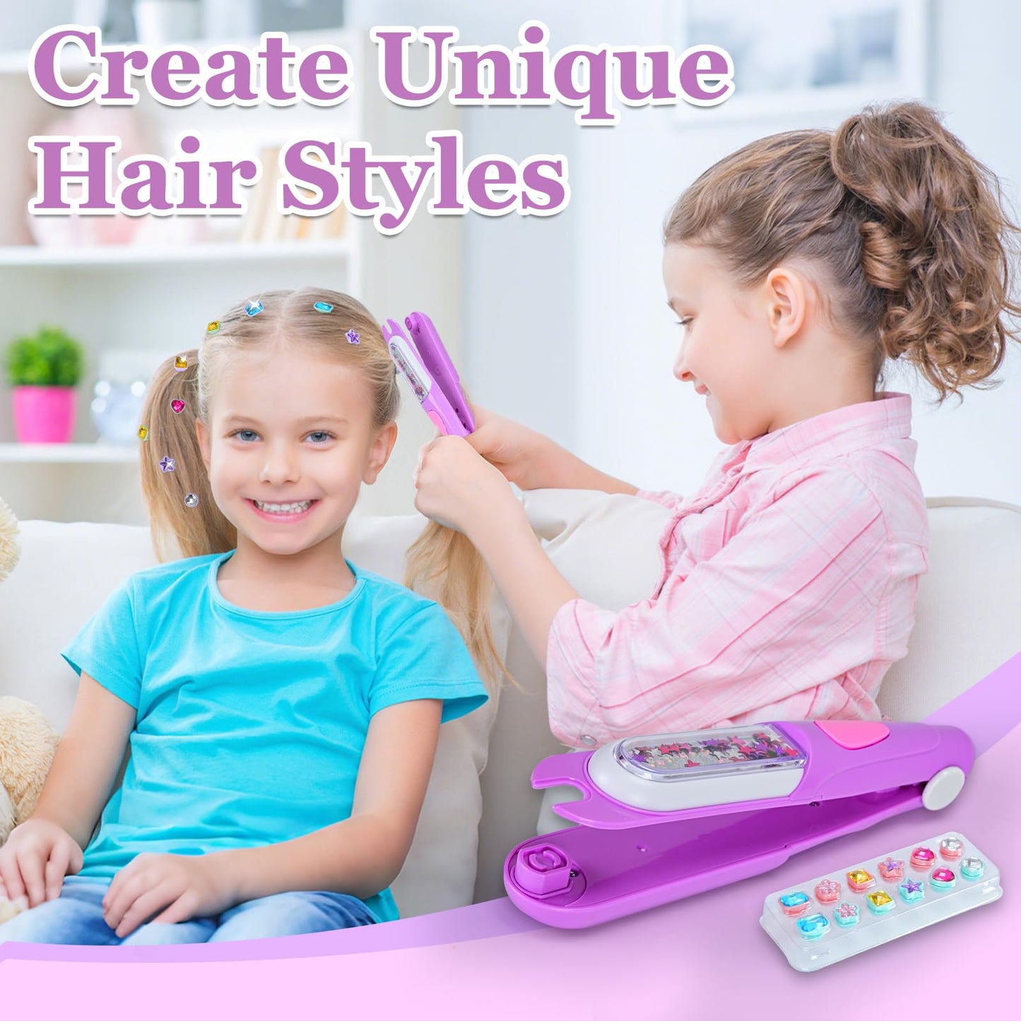 Hair Gem Stamper Kit, Hair Bedazzler Styling Tool with Reusable Rhinestones, Girls Hair Accessories, Birthday Gift Toy for Girls (Pink) (Purple)