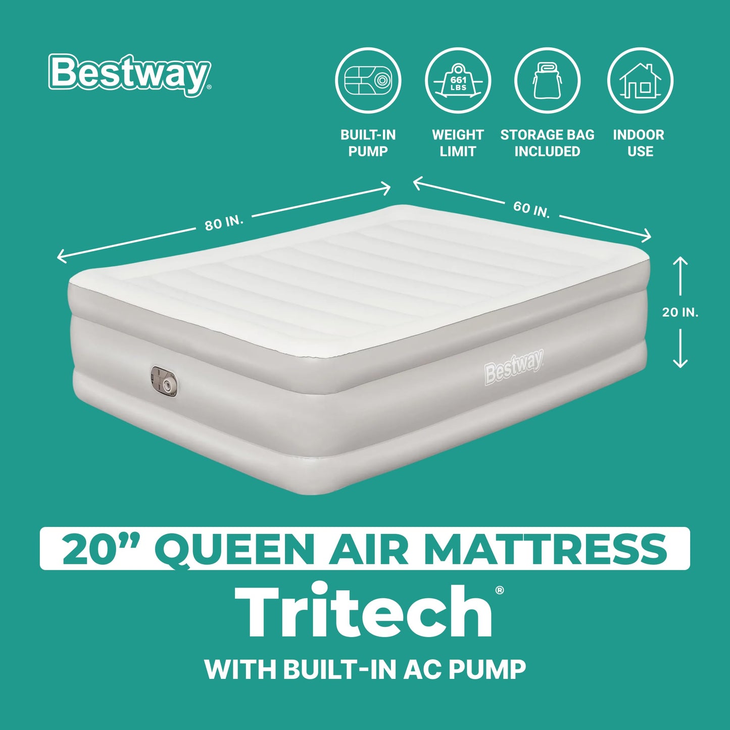 Bestway Tritech 20" Queen Air Mattress, Portable Queen Size Airbed with Contoured Comfort, Raised Sides, & Built-in AC Electric Air Pump, Warm Gray