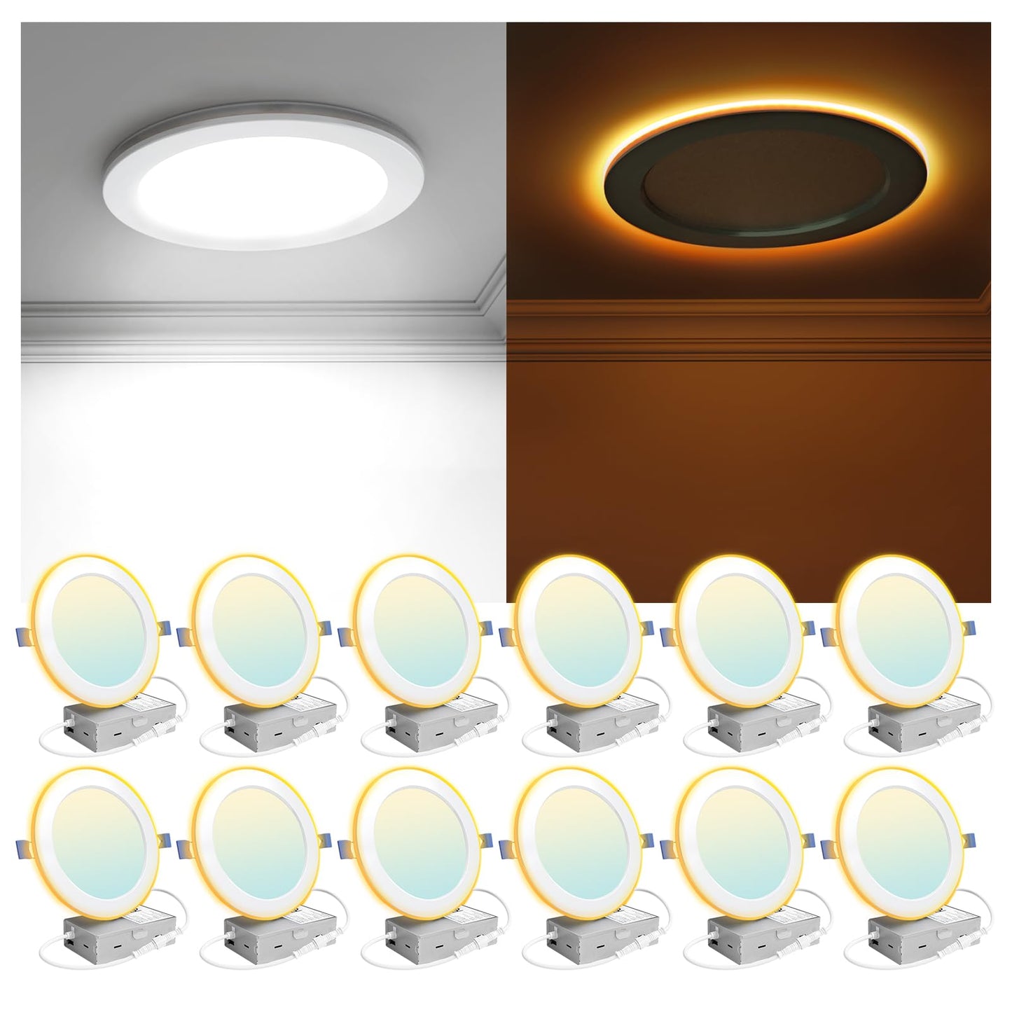 Veriligt 12 Pack 6 Inch LED Recessed Light with Night Light, 2700K/3000K/3500K/4000K/5000K 5CCT Ceiling Light, 1050LM 12W 120V, Dimmable Canless Wafer Downlight ETL&FCC, Energy Saving Star