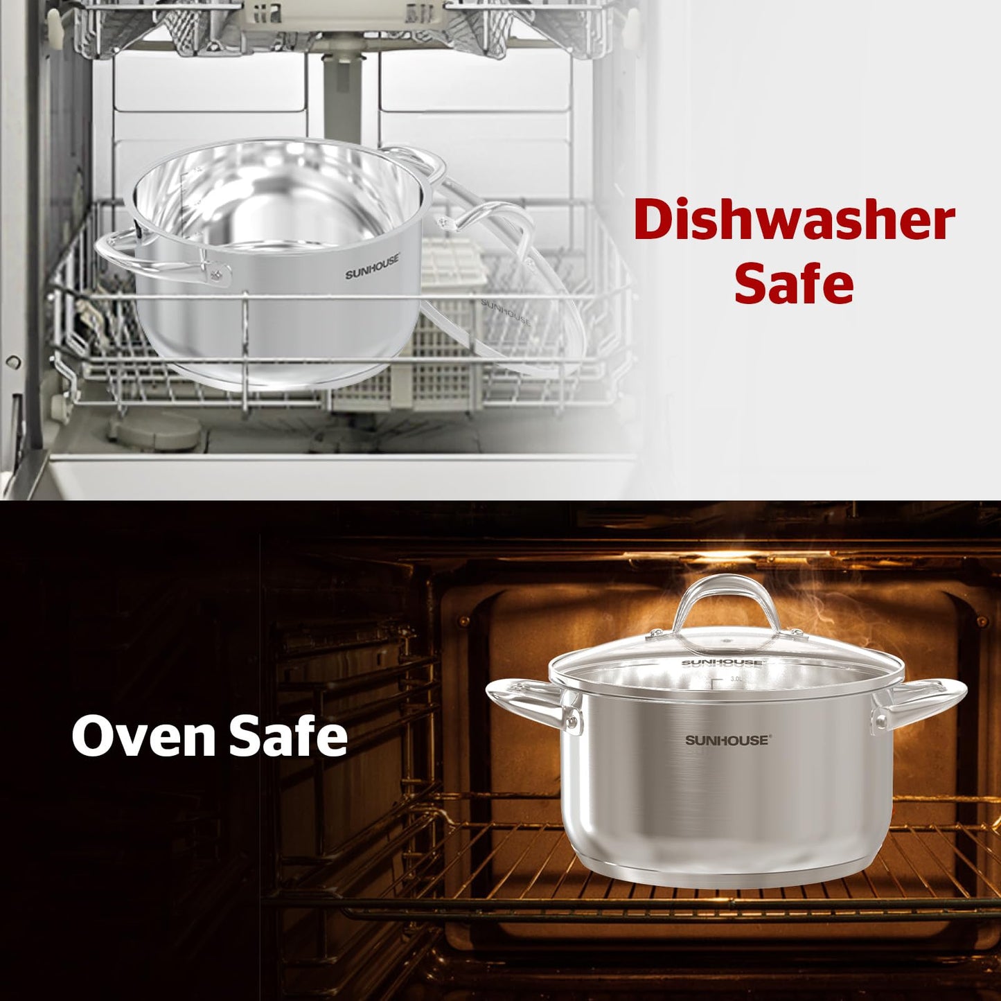 Sunhouse Stock Pot with Lid - 12 QT Large Pot for Cooking Pasta, Soup, Spaghetti - Impact Bonding Base Big Stainless Steel Pots for Canning, Boiling - Oven Safe & Induction Compatible Cookware