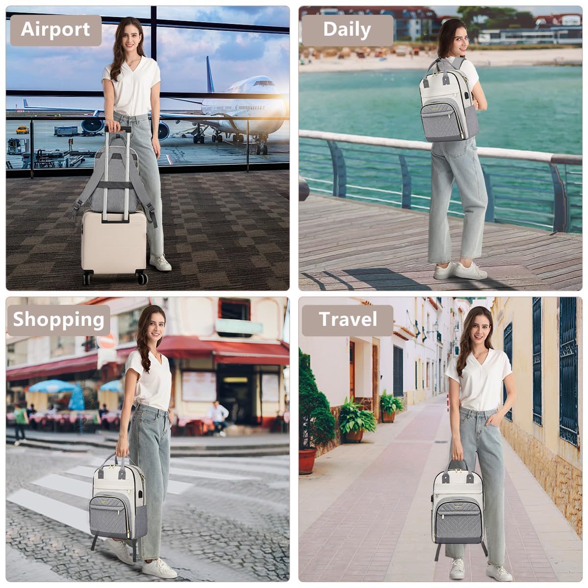 Laptop Backpack Women Work Bag - Travel Backpack Purse with USB Charger 15.6 Inch Nurse Bag College Teacher Business Backpack Waterproof Laptop Bag Beige Grey