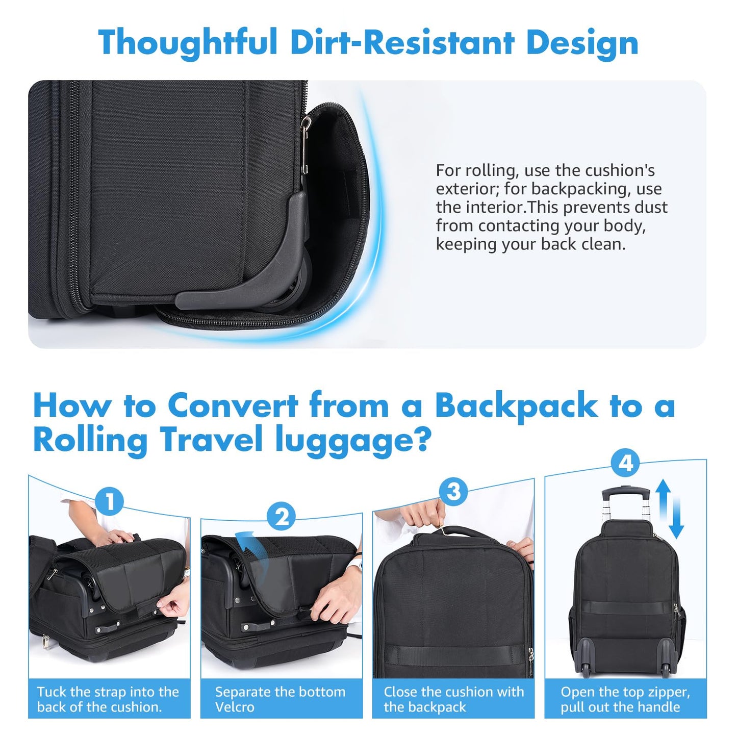 Sydioor Rolling Backpack, 17.7inch Rolling Backpack With Wheels for Adults, Roller Carry On Luggage Wheeled Backpack, Rolling Laptop Backpack for Men Women to Travel Business, Black