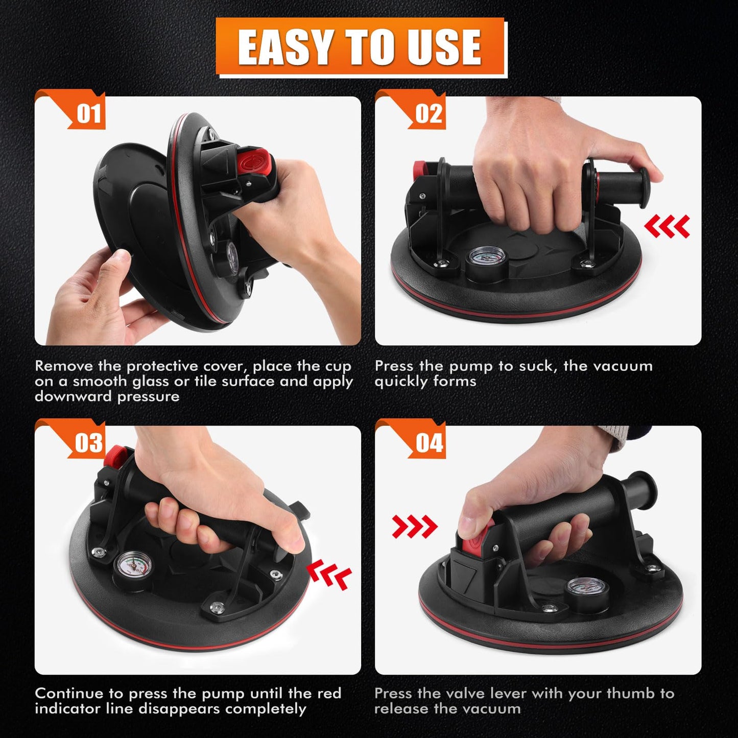 MARSBASE 8" Heavy Duty Suction Cups with Pressure Gauge, Glass Suction Cups to Lift Large Glass, 2 Pack 880 lbs Load Capacity, Suction Cups with Carrying Case for Window,Tiles, Windshield