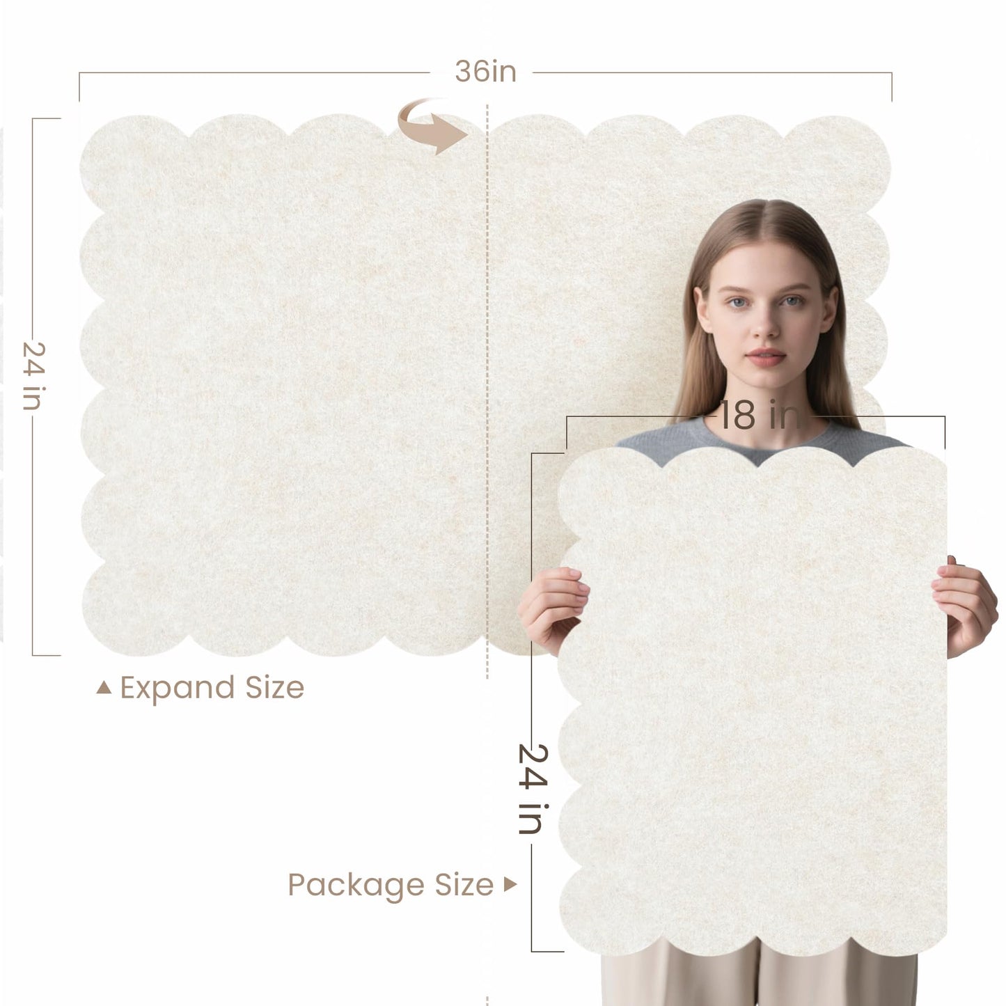 Scalloped Bulletin Board, 36 x 24 Inches Felt Pin Board - Decorative Cork Alternative for Wall, 3' x 2' Foldable Picture Self-Adhesive Vision Prayer Board with 20 Pushpins - Oatmeal
