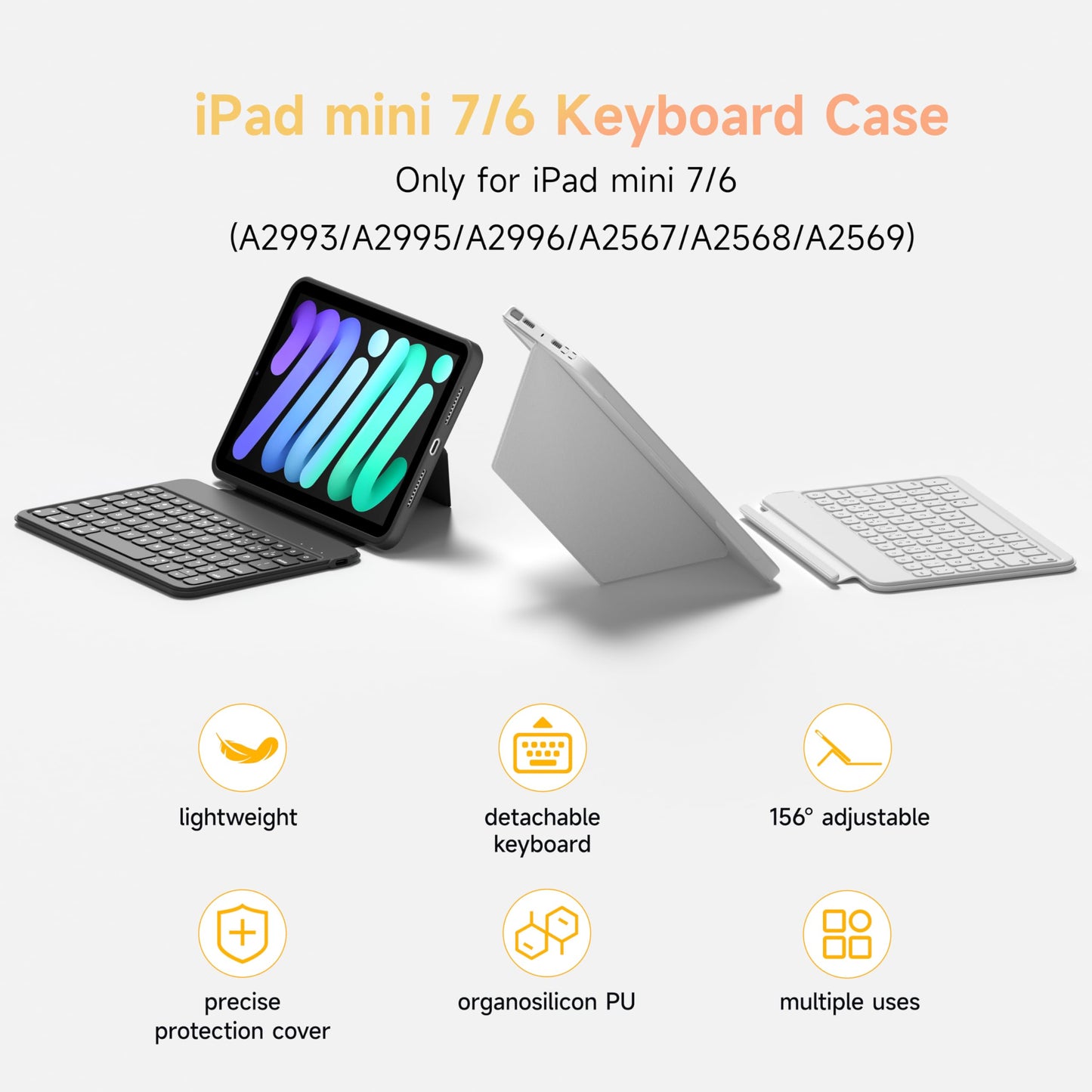 HOU Keyboard Case for iPad Mini 7/6, 156° Adjustable Stand, Detachable Full Protective Case for iPad Mini 7/6, 11 Shortcut Keys, 7 Color Backlight, Silicone PU, Multifunction, Bluetooth