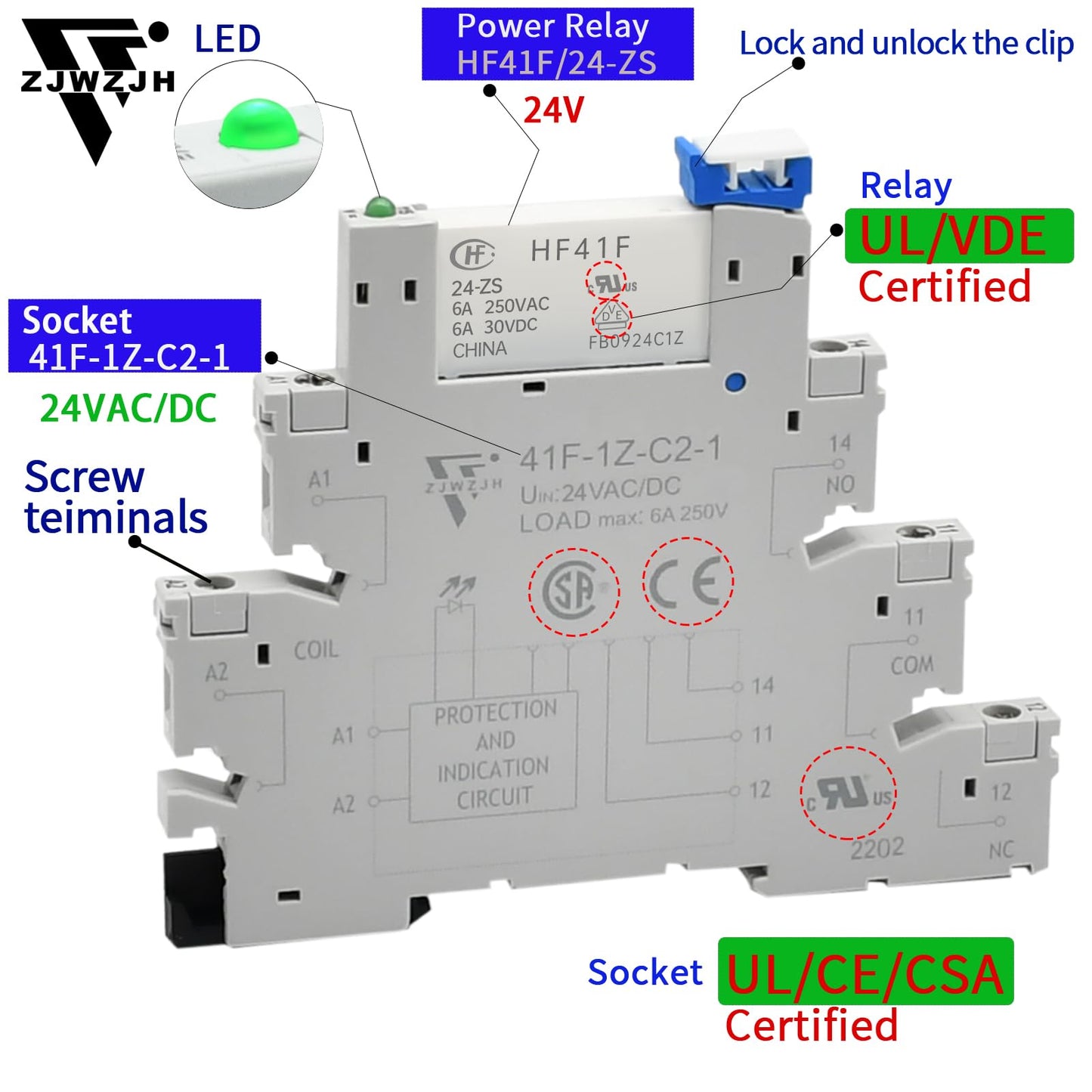 ZJWZJH 10Pcs Miniature Electromagnetic Relay 24V Coil DC/AC; Signal for PLC; HF41F/24-ZS 1NO 1NC 6Amp SPDT with Jumper, Separator, 24V Relay Din Rail, UL Certification
