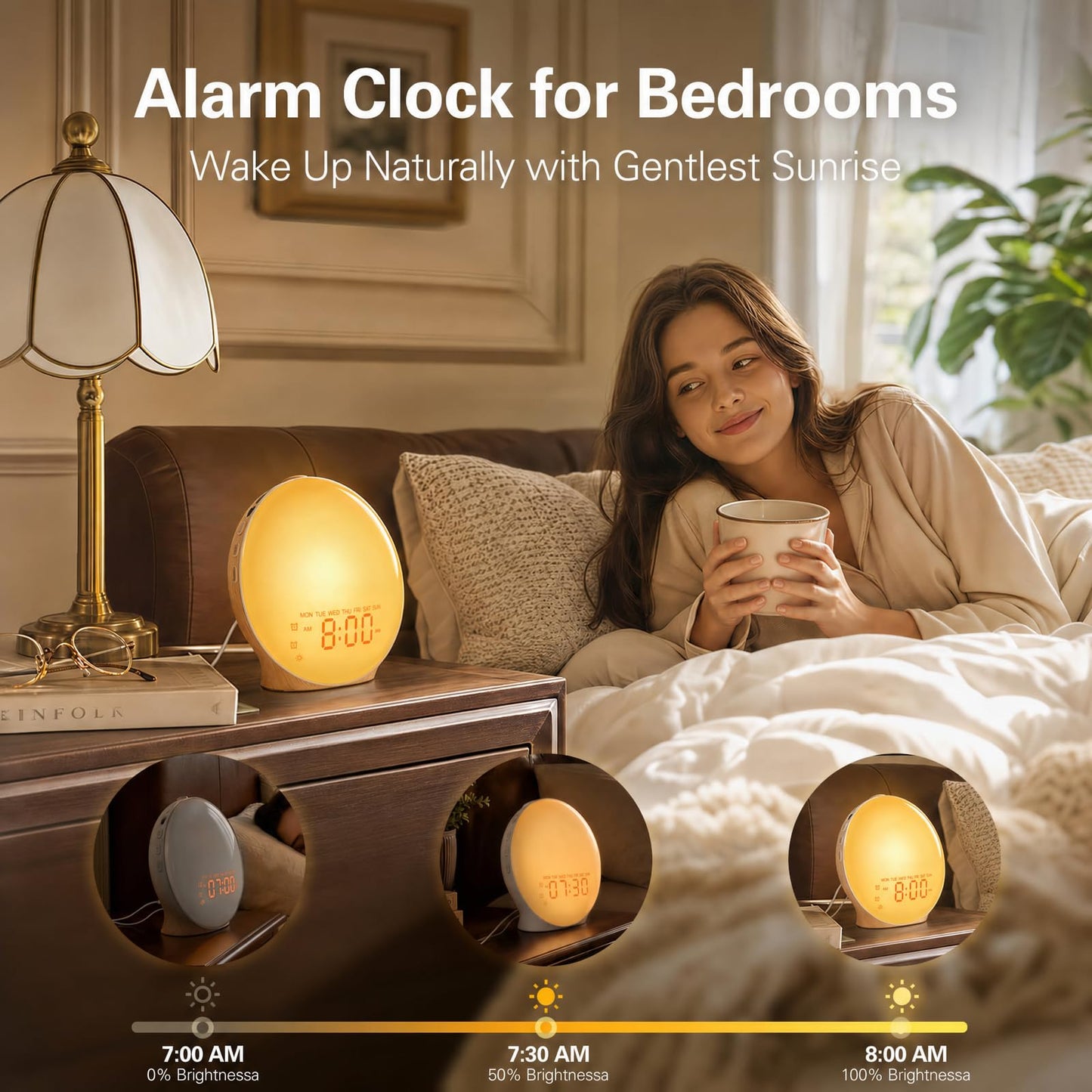JALL Full-Screen Wake Up Light Sunrise Alarm Clocks for Bedrooms, White Noise Machine for Heavy Sleepers & Kids, 25 Natural Sounds, Dual Alarms, FM Radio, 17 Dimmable Colors, Bluetooth Speaker