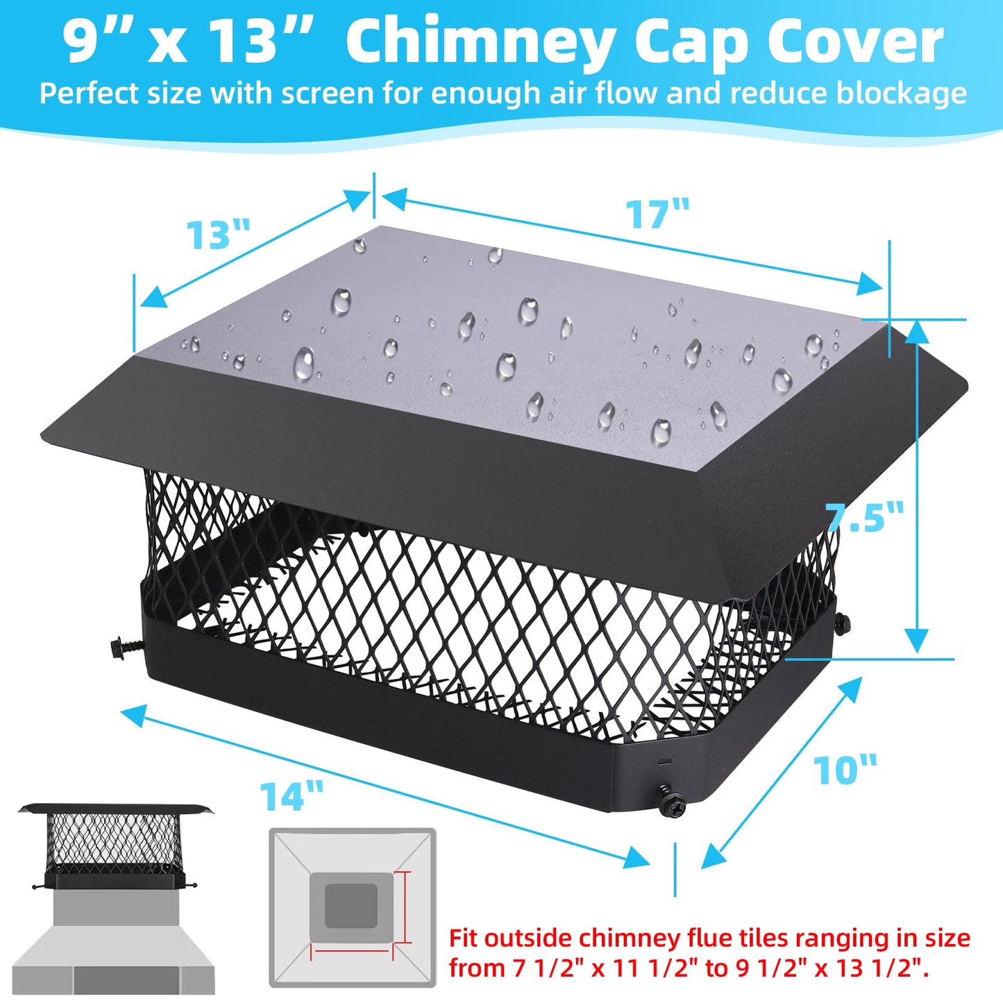 Chimney Cap Chimney Cover,Fireplace Chimney Caps for Outside 9"x13",Chimney Flue Cover Chimney Rain Cap,Roof Rain Guard Chimney Top Protector Cover Chimney Exhaust Vent Cap for Clay Flue Tile Chimney