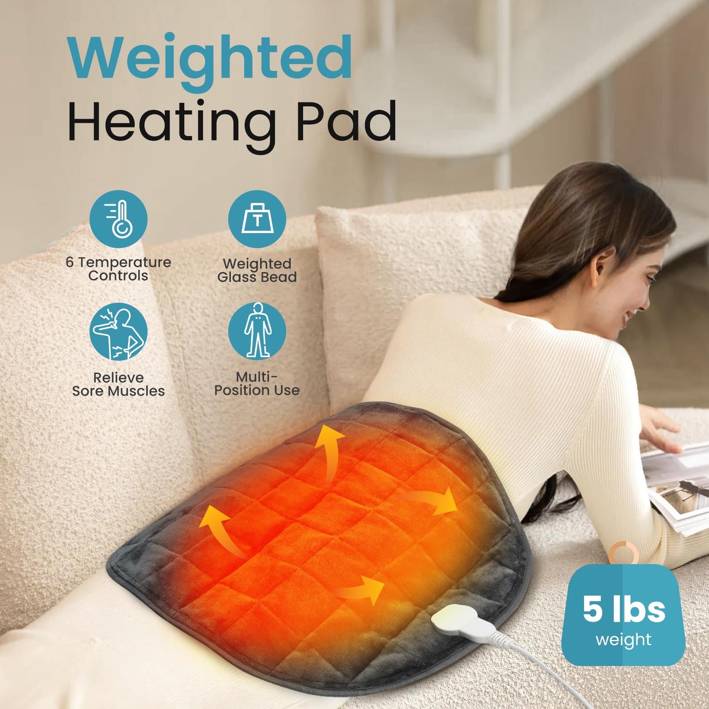 NOWWISH 5lbs Weighted Heating Pad, Small Electric Heated Weighted Blanket with 6 Heat Settings, Timer & Auto Shut-Off, Relief for Period Cramps, Back Pain, Lap, Machine Washable, 29x24 inch, Grey