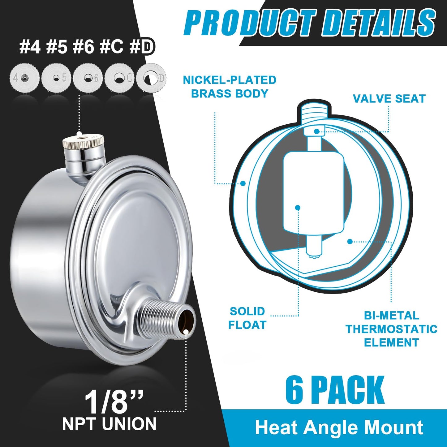 Gisafai 6 Pack Steam Radiator Air Valve #4#5#6#C #D 1/8" Steam Air Vent Angle Mount Heat Regulator Valve Chrome Plated Copper Vent for Winter Radiator Parts