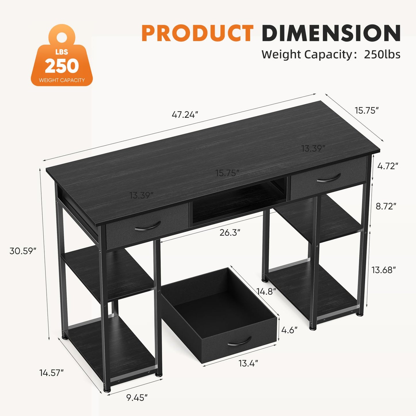 Sweetcrispy Computer Gaming Desk with Drawers- 48 Inch Home Office Bedroom Writing Study PC Table with Storage Shelves, Metal Frame Adjustable Feet, Pure Black