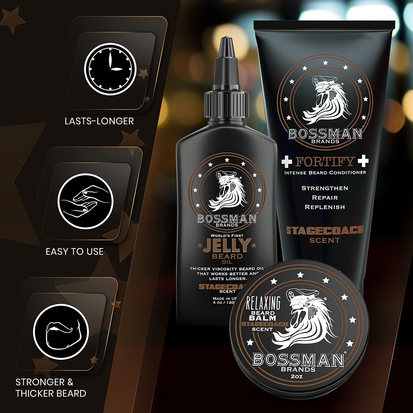 Bossman Essentials Beard Kit for Men – Beard Oil Jelly, Fortifying Conditioner Cream & Beard Balm – Grooming Care Accessories (Stachecoach Scent)