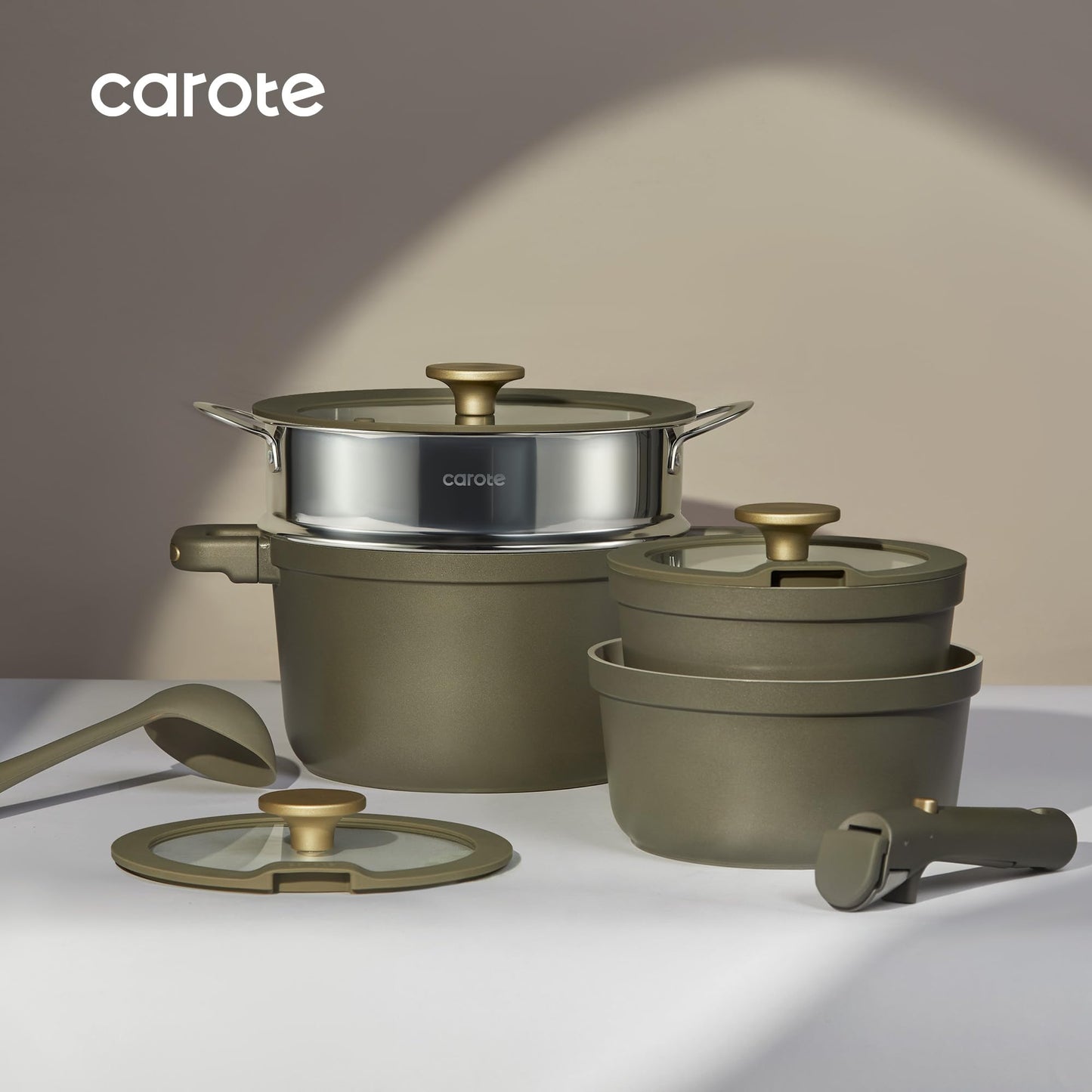 CAROTE Ceramic Saucepan Set 5.5QT/3QT/2QT，Nonstick Cooking Pots Set with Detachable Handles，Non-toxic Stock Pots with Lid，Induction Comptable，PFAS and PFOA Free，Olive Green