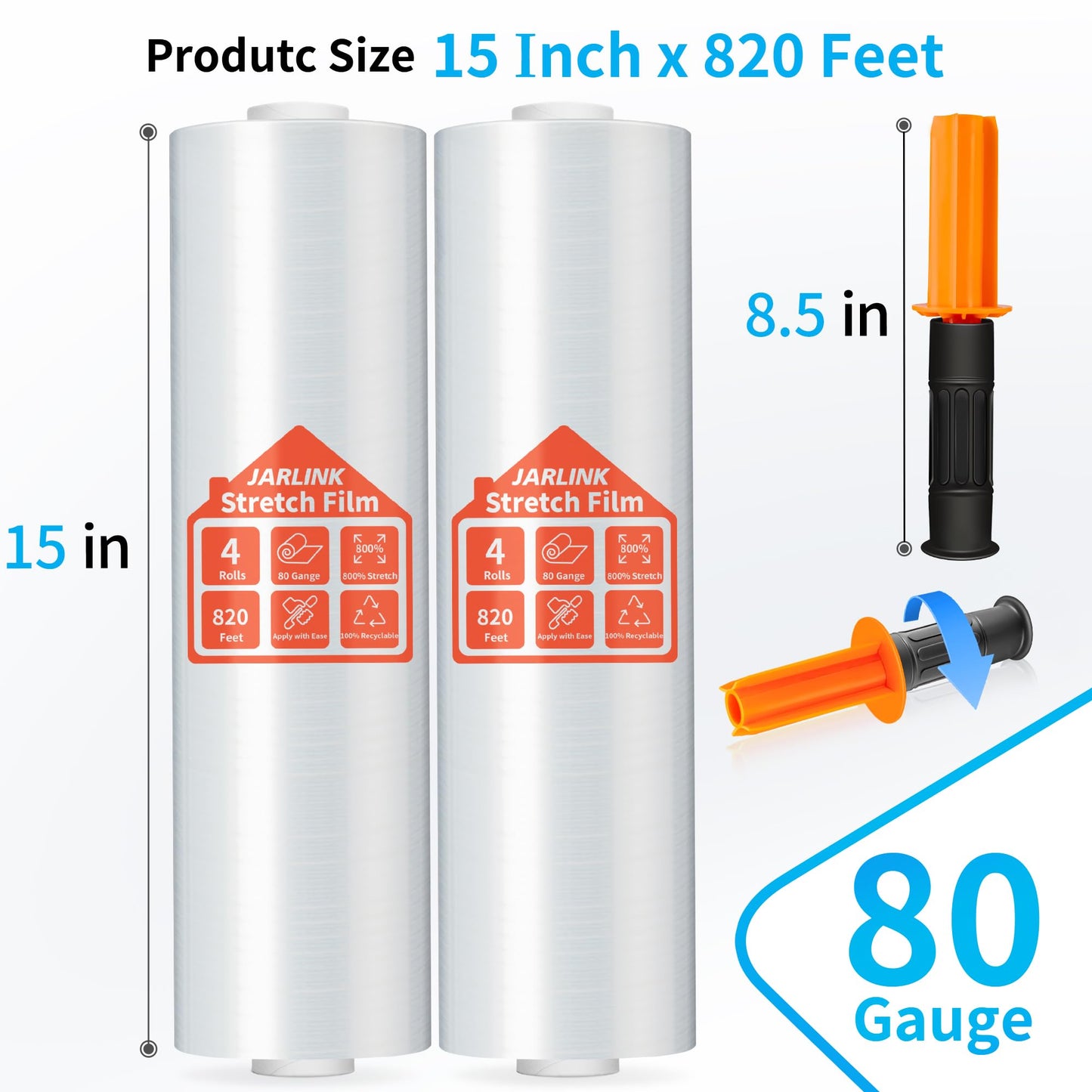 JARLINK Stretch Film, 80 Gauge,15 Inch x 820 Feet Shrink Wrap for Pallet Wrap, Industrial Strength Stretch Wrap up to 800% Stretch with Handles, Moving Wrapping Plastic Roll, 4 Pack