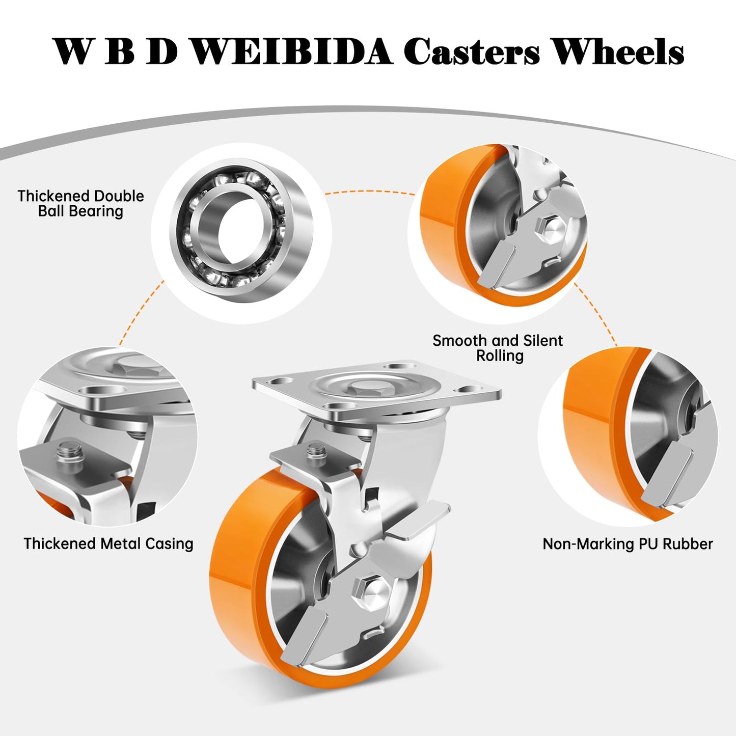 W B D WEIBIDA 5 Inch Heavy Duty Casters Set of 4, Industrial Grade Casters Wheels with Brake 4000 LBS, Maintenance-Free Polyurethane on Aluminum Wheels, Plate Swivel Casters Wheels for Cart, Machine