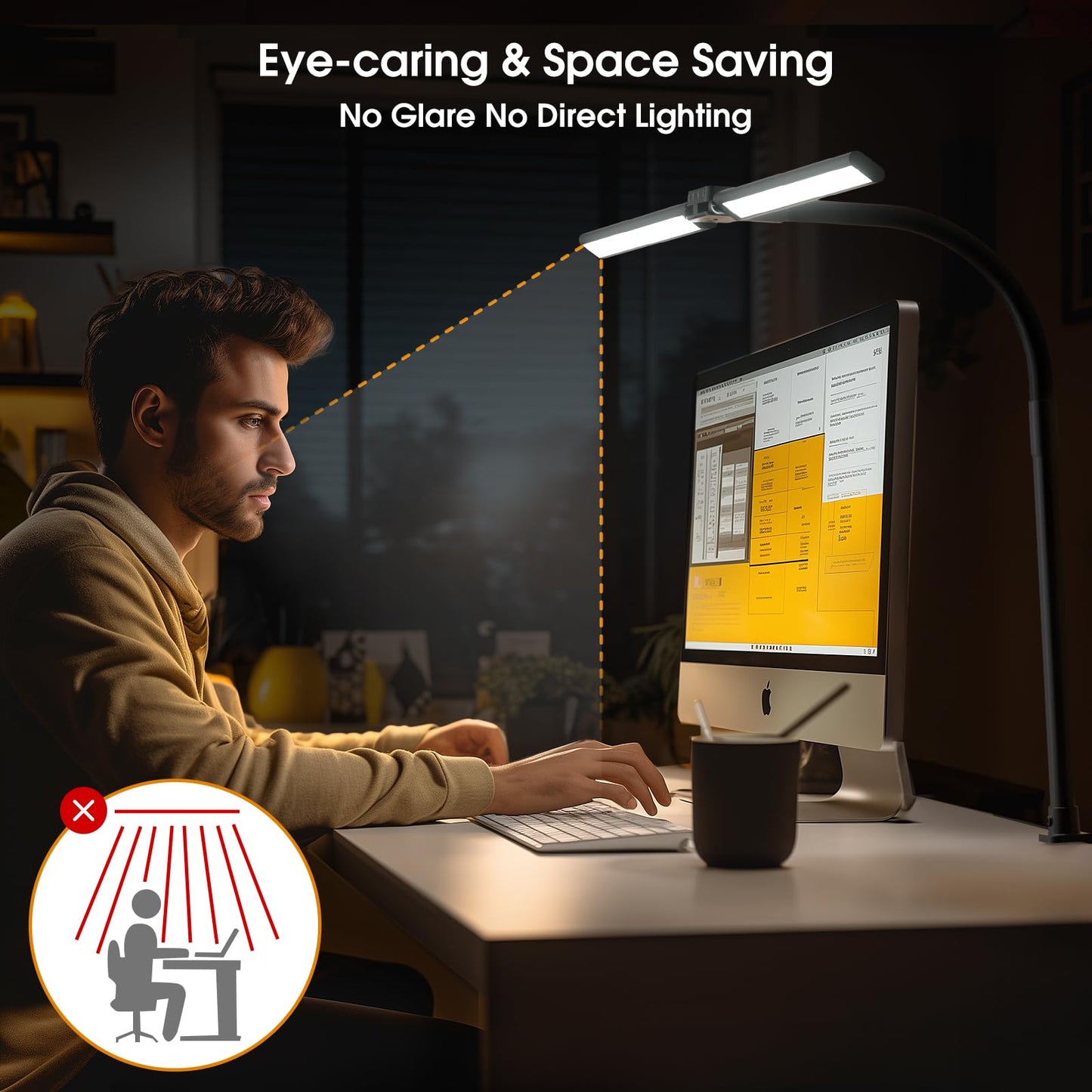 SIBRILLE LED Desk Lamp for Home Office - Dimmable Computer Desk Light with Clamp, Modern Architect Task Lamp with Color Changing, Flexible Desktop Lamp with Gooseneck for Monitor, Double Head, Black
