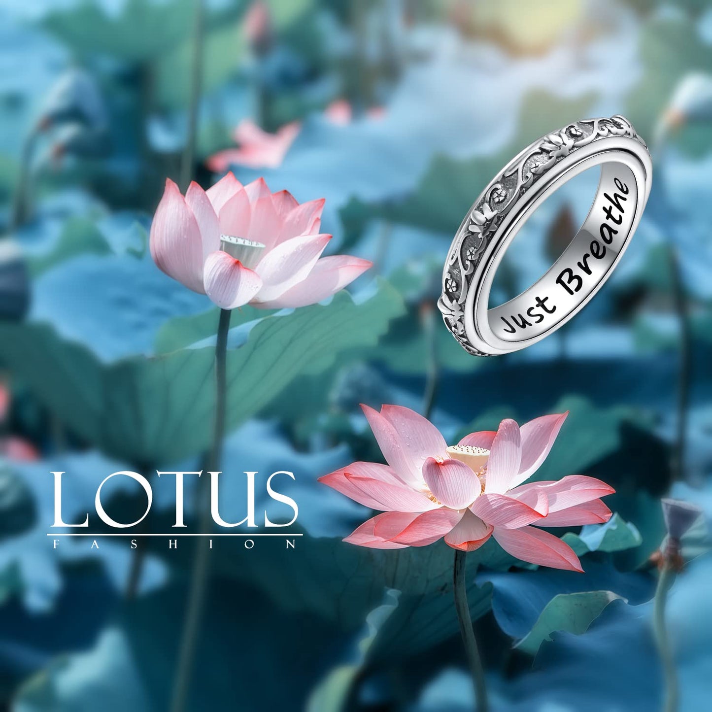 Ladytree Spinner Fidget Ring S925 Sterling Silver Lotus Flower Yoga Just Breathe Anxiety Worry Band Oxidized Stress Relieving Boredom ADHD Autism Rings for Women Men,Size 8