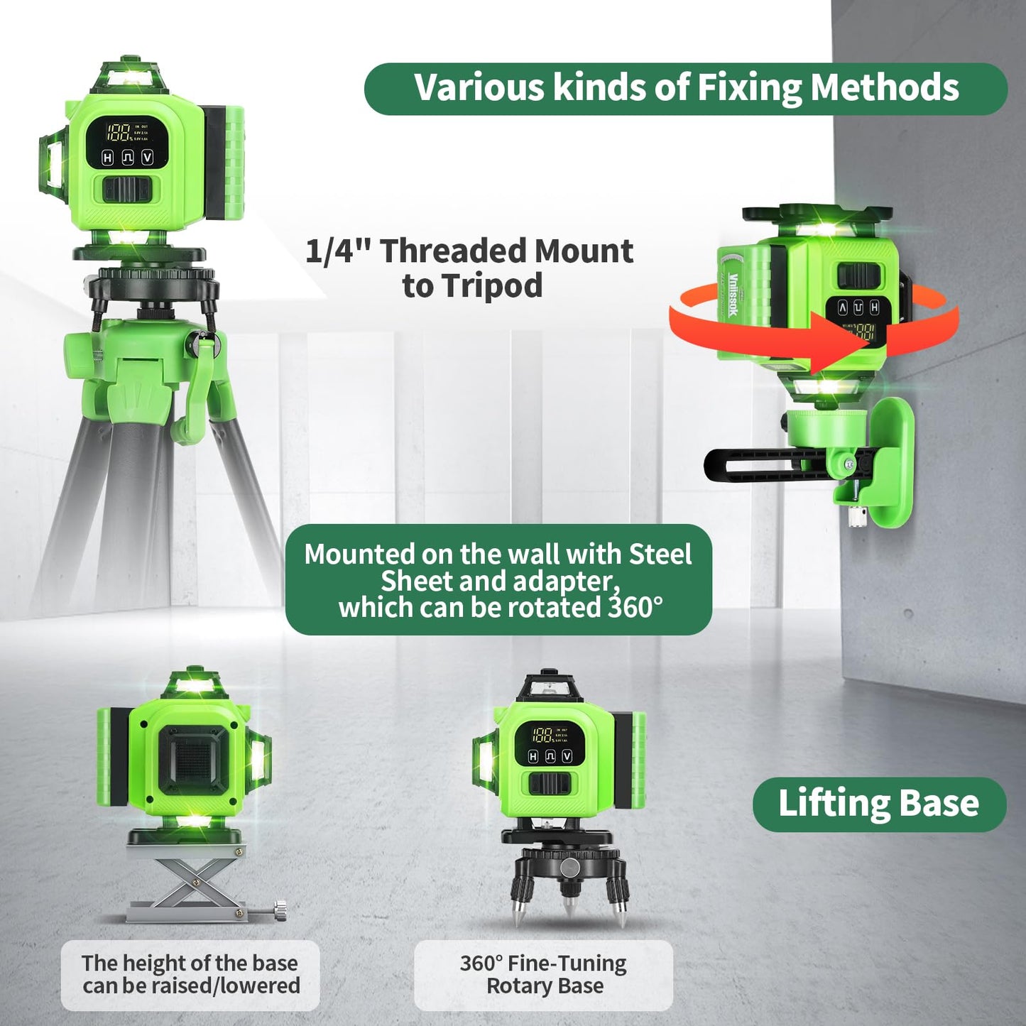 16 Line Laser Level 360 Self Leveling, 4x360°Professional 4D Green Cross Line laser Level with 2 Batteries,for Construction and Picture Hanging, Horizontal Line leveler Tool (Green)