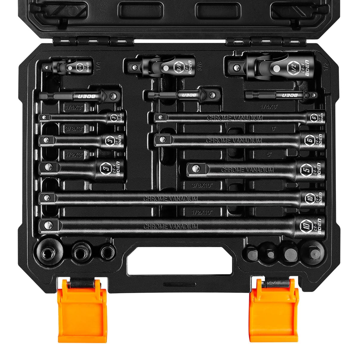 BOEN 21 Piece 1/4" & 3/8" & 1/2" Drive Tool Accessory Set, Includes Socket Adapters, Extension Bars, Swivel Universal Joints, Impact Bit Holders and 1/4" Hex Shank