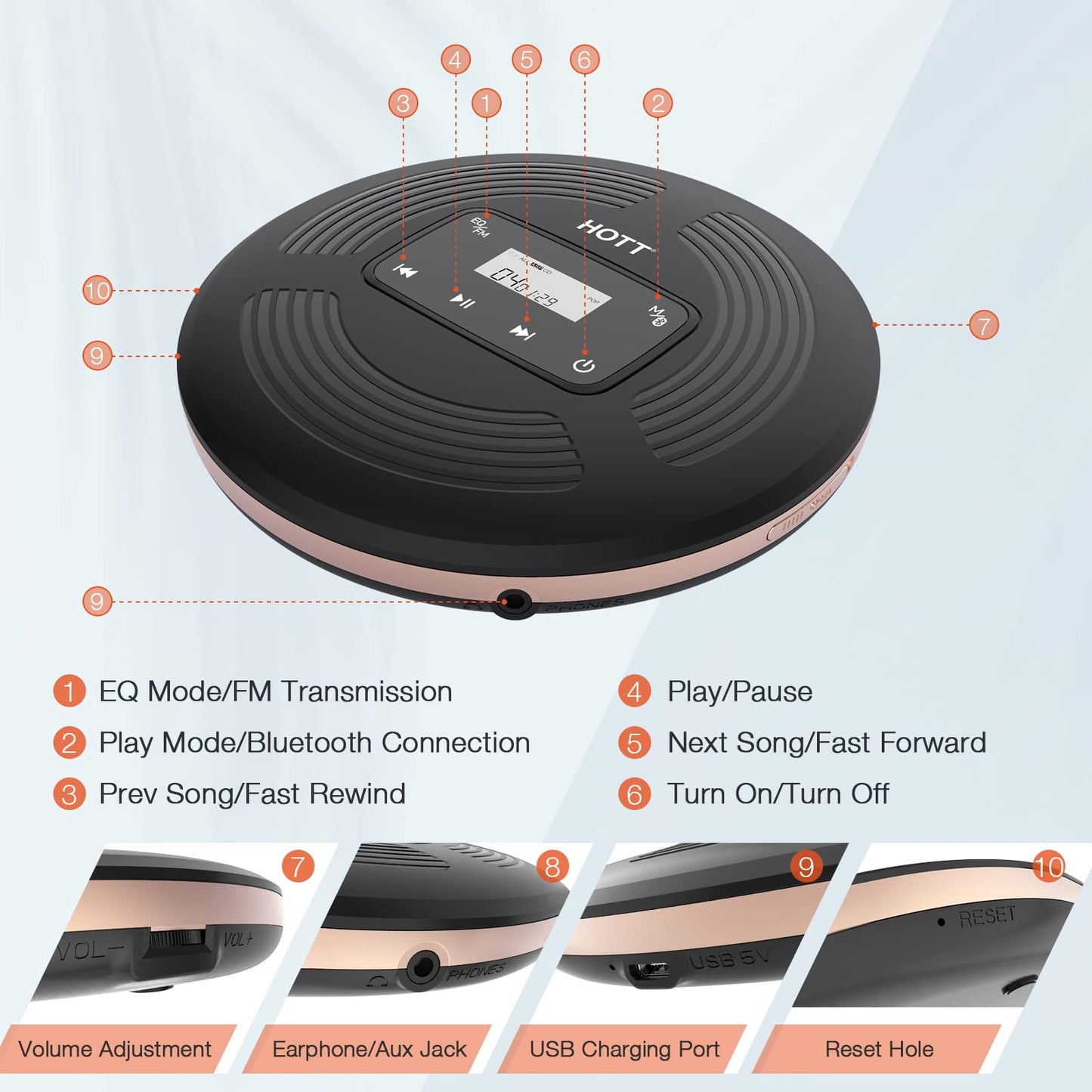HOTT Portable CD Player with Bluetooth and FM Transmitter,Portable CD Walkman with Touch Buttons Backlight,Rechargeable Discman Player with AUX Cable,CD Player Shockproof for Car CD903TF