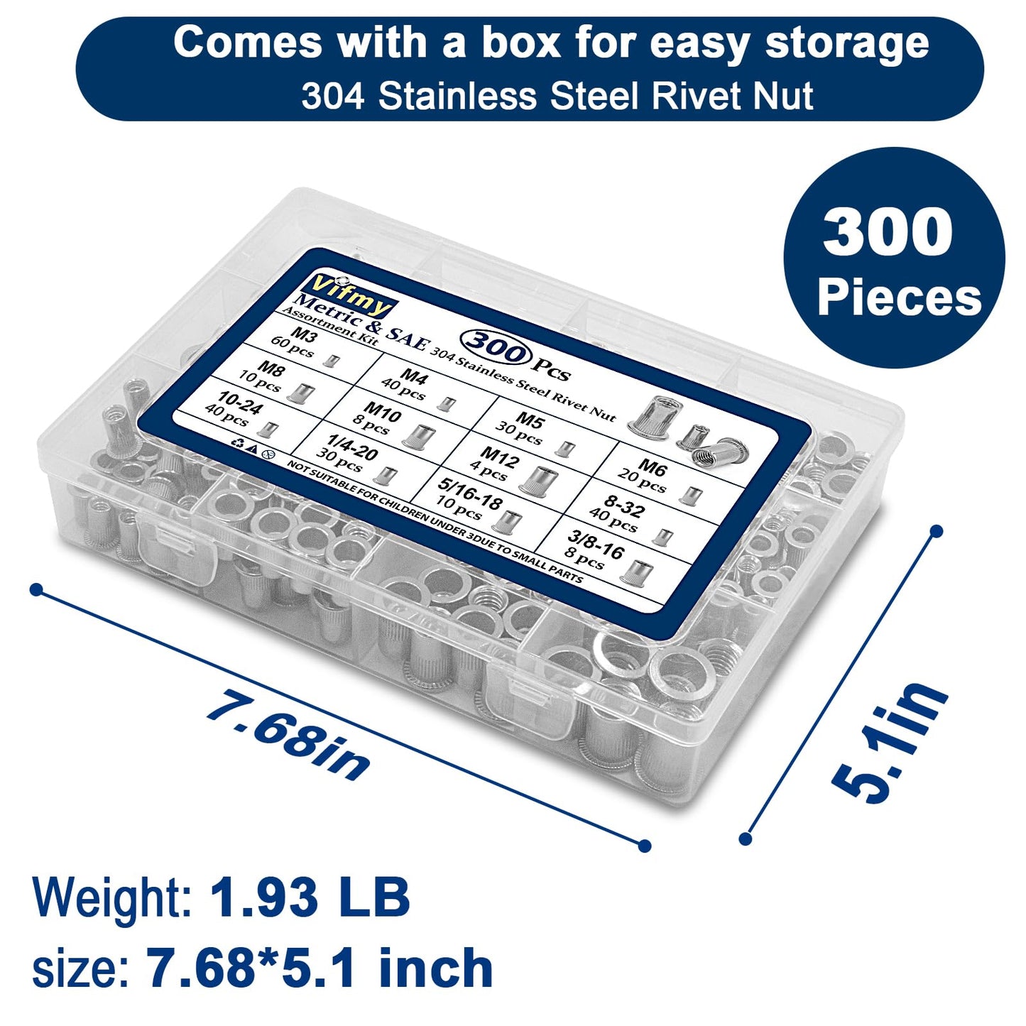 Vifmy Metric & SAE Rivet Nut Assortment Kit(300 Pcs), M3 M4 M5 M6 M8 M10 M12#8-32#10-24 1/4"-20 5/16"-18 3/8"-16 304 Stainless Steel Rivnut Set UNC Flat Head Nutsert