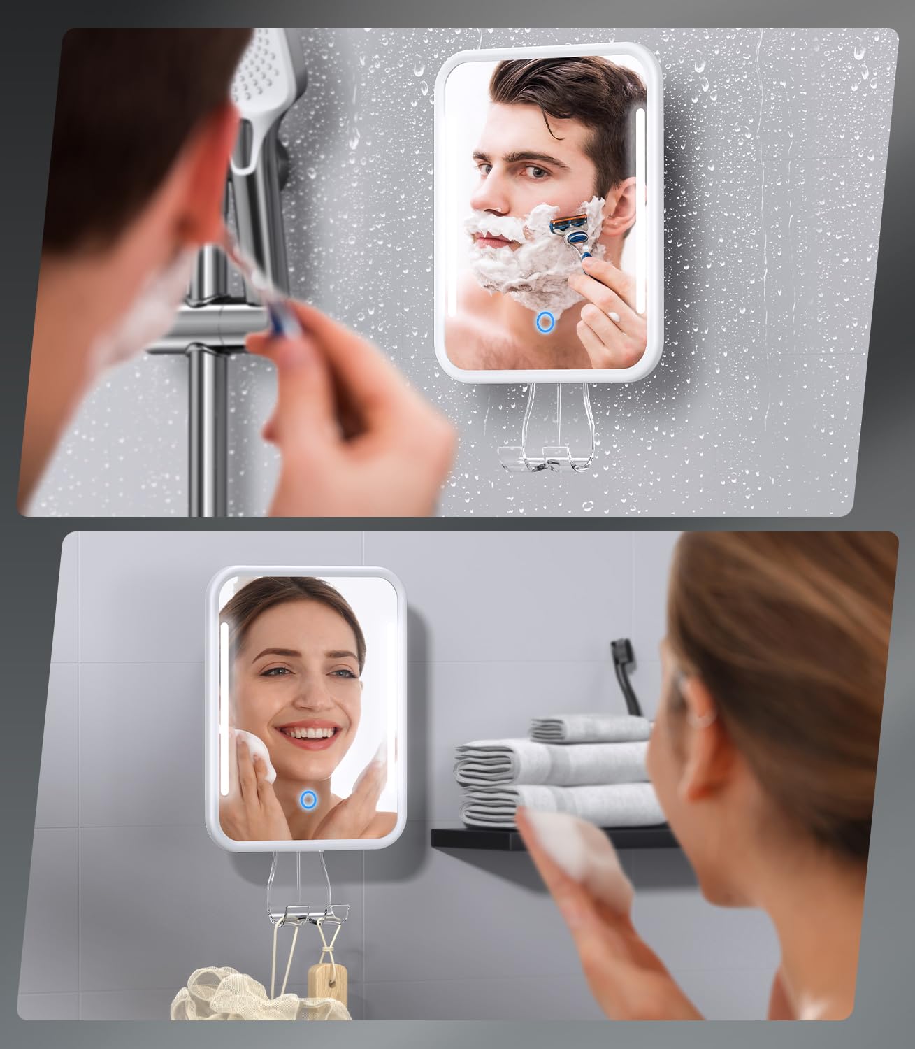 Gospire Heated Shower Mirror Fogless for Shaving with Light, Rechargeable Battery and Adjustable Brightness, Suction Cup and Razor Holder, Removable & NO-Drilling, Waterproof for Bathroom (White)