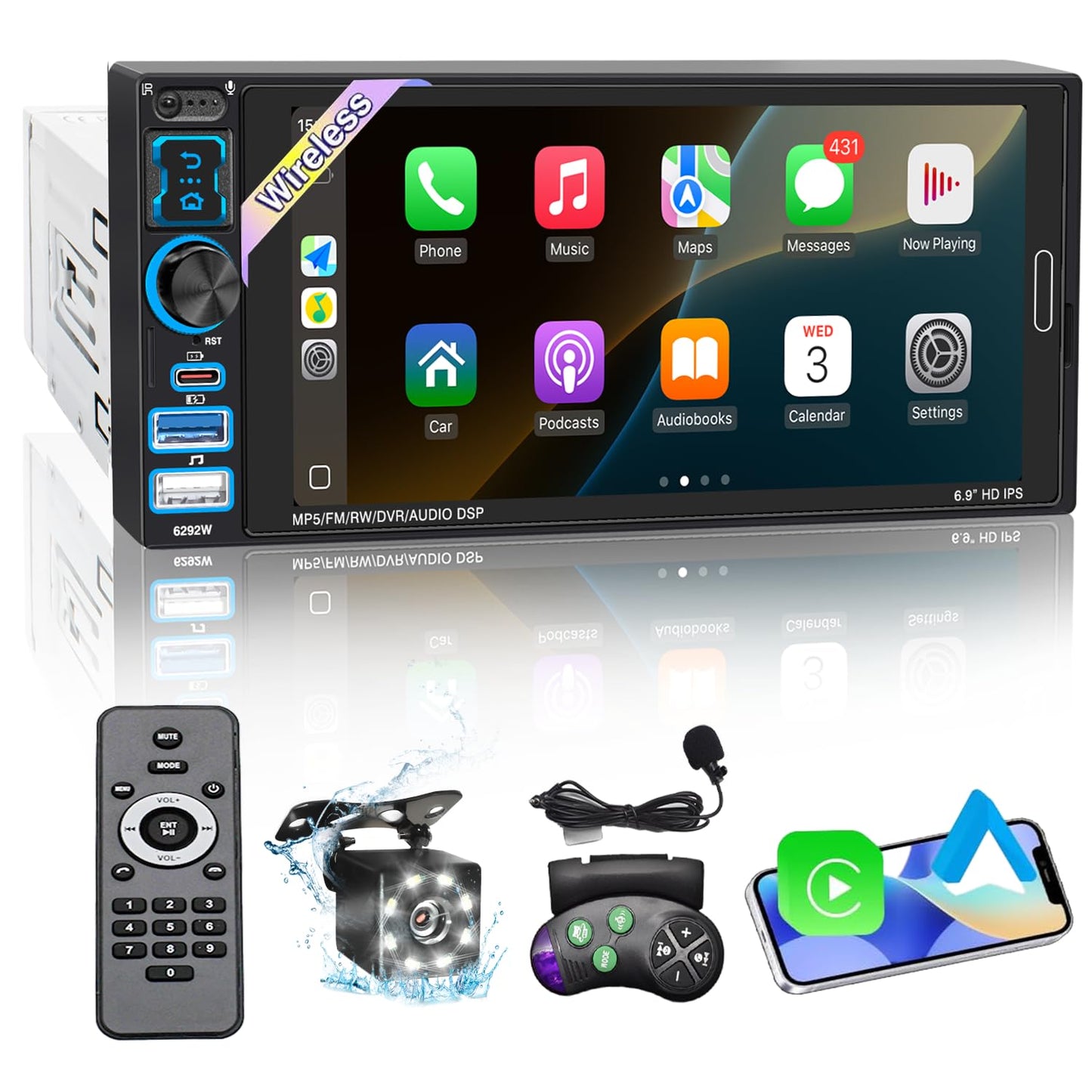 Single Din Car Stereo with Wireless Apple Carplay & Android Auto, 6.9" IPS Touchscreen Radio Bluetooth 5.2, Physical Knob Control, Waterproof Backup Camera, FM, MirrorLink, USB/Type-C, Navigation