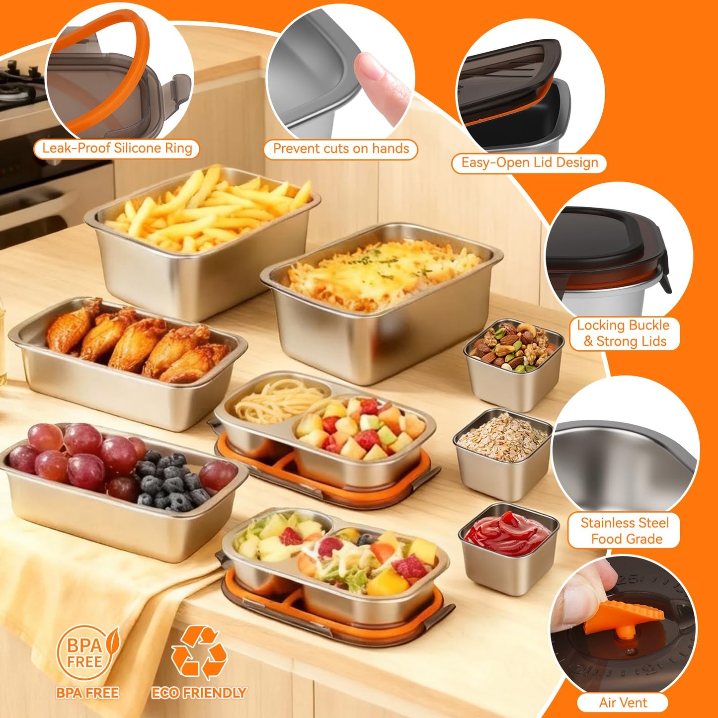 YUANYE 9 Pack 50/34/27/6oz Stainless Steel Salad Bowls with Lids & Dressing Cups, Leakproof Salad Containers Airtight Lunch Box, Small Snack Containers Oven/Dishwsher Safe for Meal Prep & Lunch To Go