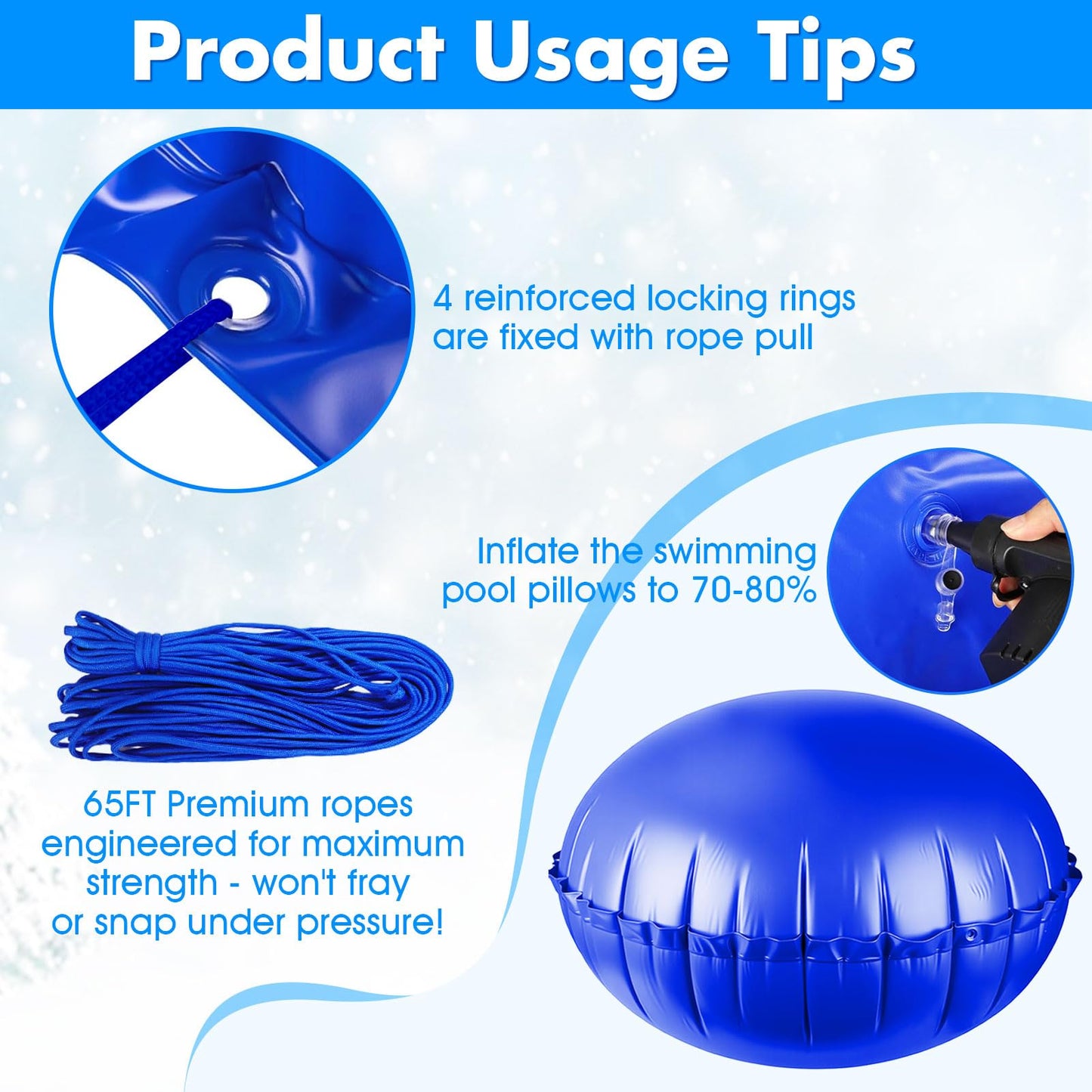 4+1 Combined Pool Pillow,Inflatable PoolPillows for Above Ground Pools with 5Pcs 10m Ropes,Pool Air Pillow for Support Swimming Pool Covers(Dark Blue, 5ft Dia + 4Pcs 3ft Dia)