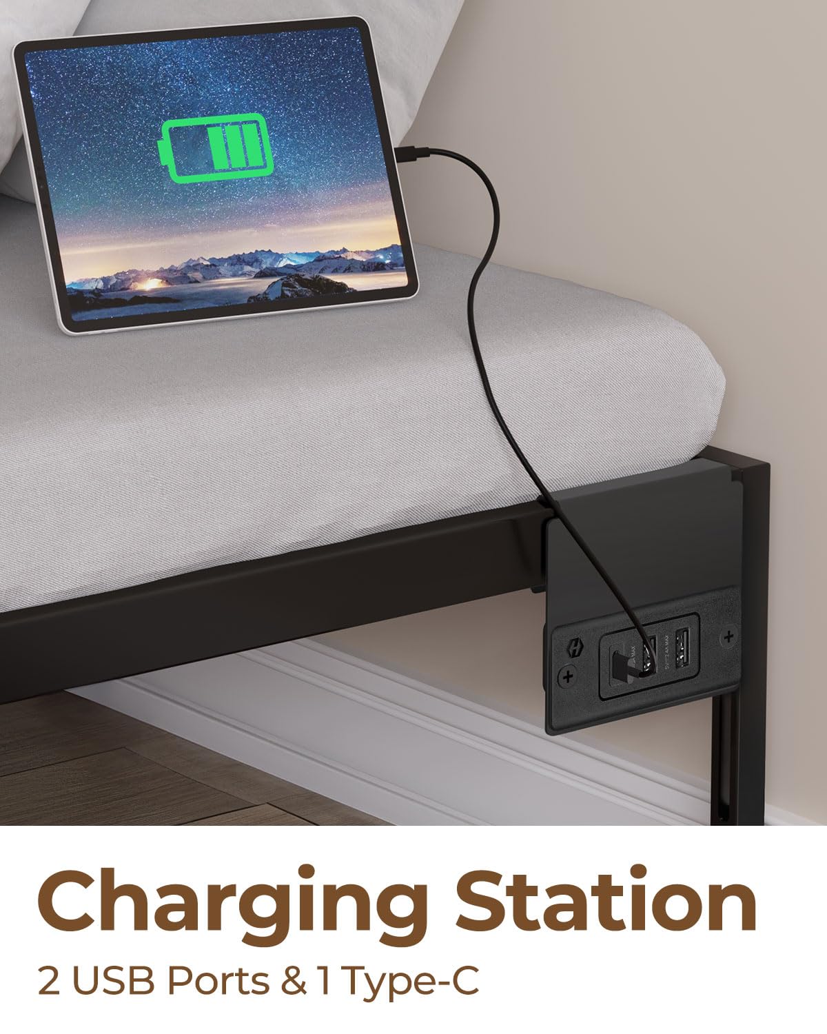 Rolanstar Bed Frame with USB Charging Station, Queen Bed Frame with LED Lights, Platform Bed Frame with Heavy Duty Steel Slats, 14" Storage Space Beneath Bed