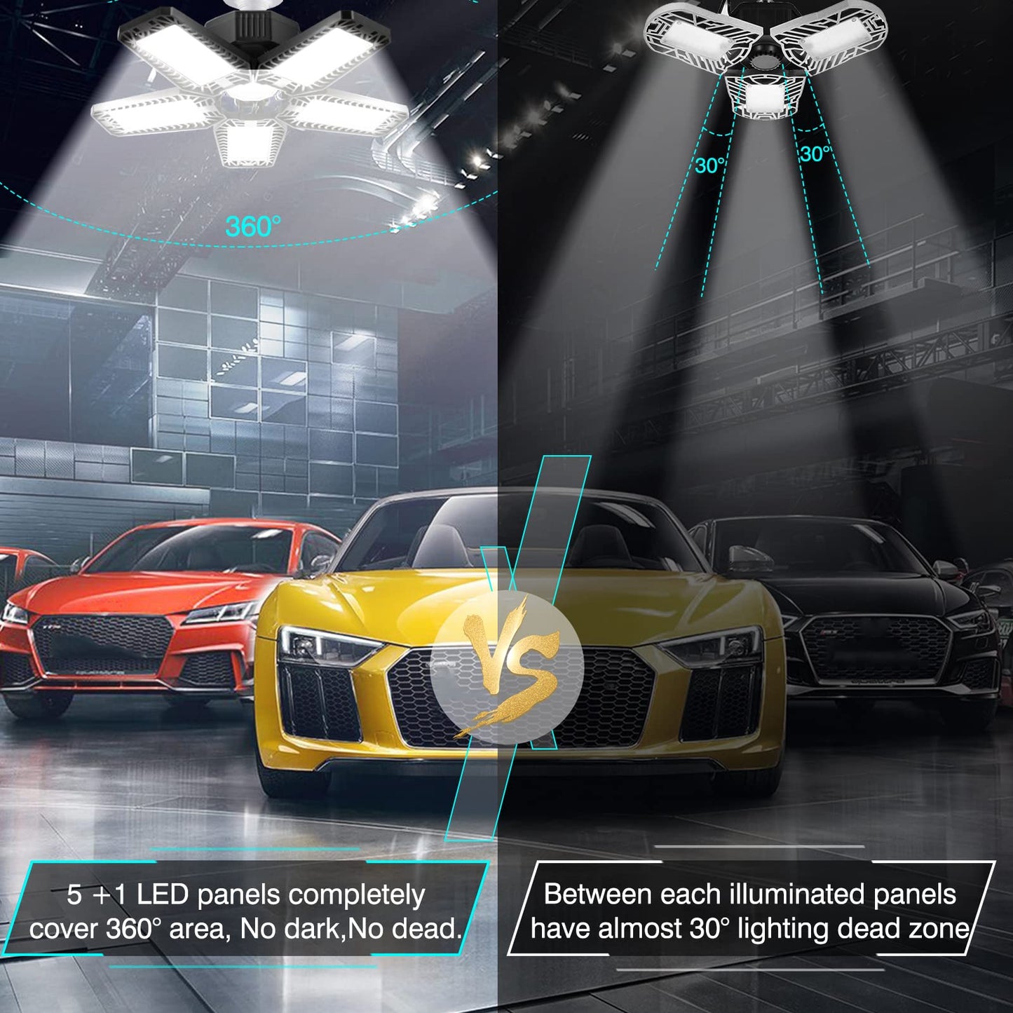 YIBEYYDS LED Garage Light - 160W 16000LM 6500K LED Garage Ceiling Lights, Screw in Shop Lighting 5+1 Deformable Panels for Attic, Basement, Workshop, E26/E27 (6)