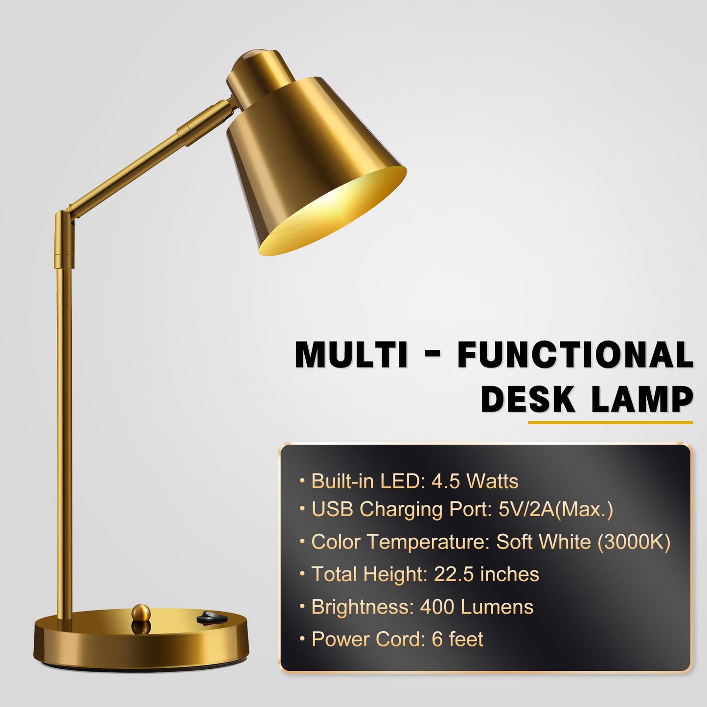 Anxingtools LED Desk Lamp with Dual USB Charging Ports, 100% Metal, 270° Swivel Arms, Soft White Light (3000K), Bedside Reading Lamp, Home Office Lamp(Golden)