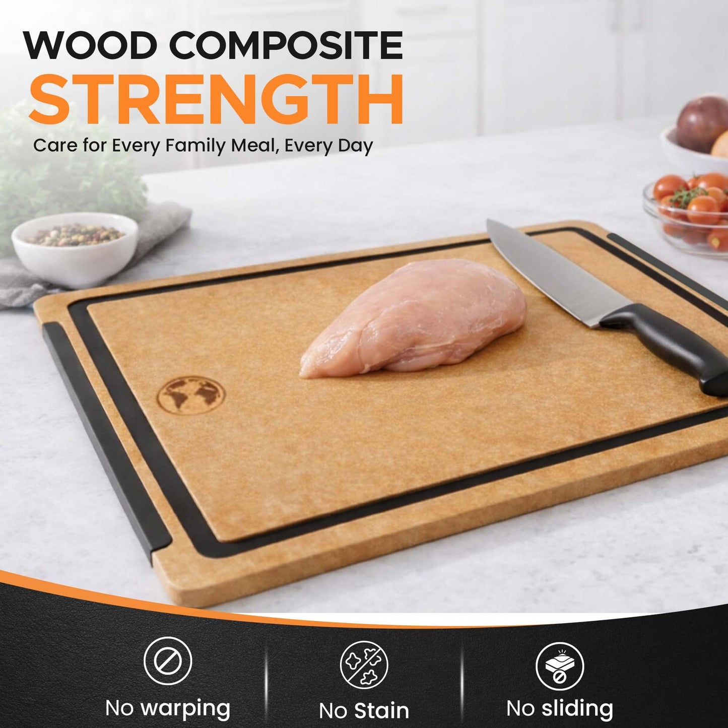 Earth's Dreams Composite Wood Cutting Board Set of 3 – Built In Juice Groove, Dishwasher Safe,Cutting Boards for Kitchen – Large, Medium & Small Non-Slip Wood Charcuterie & Chopping Boards (Tan/Black)