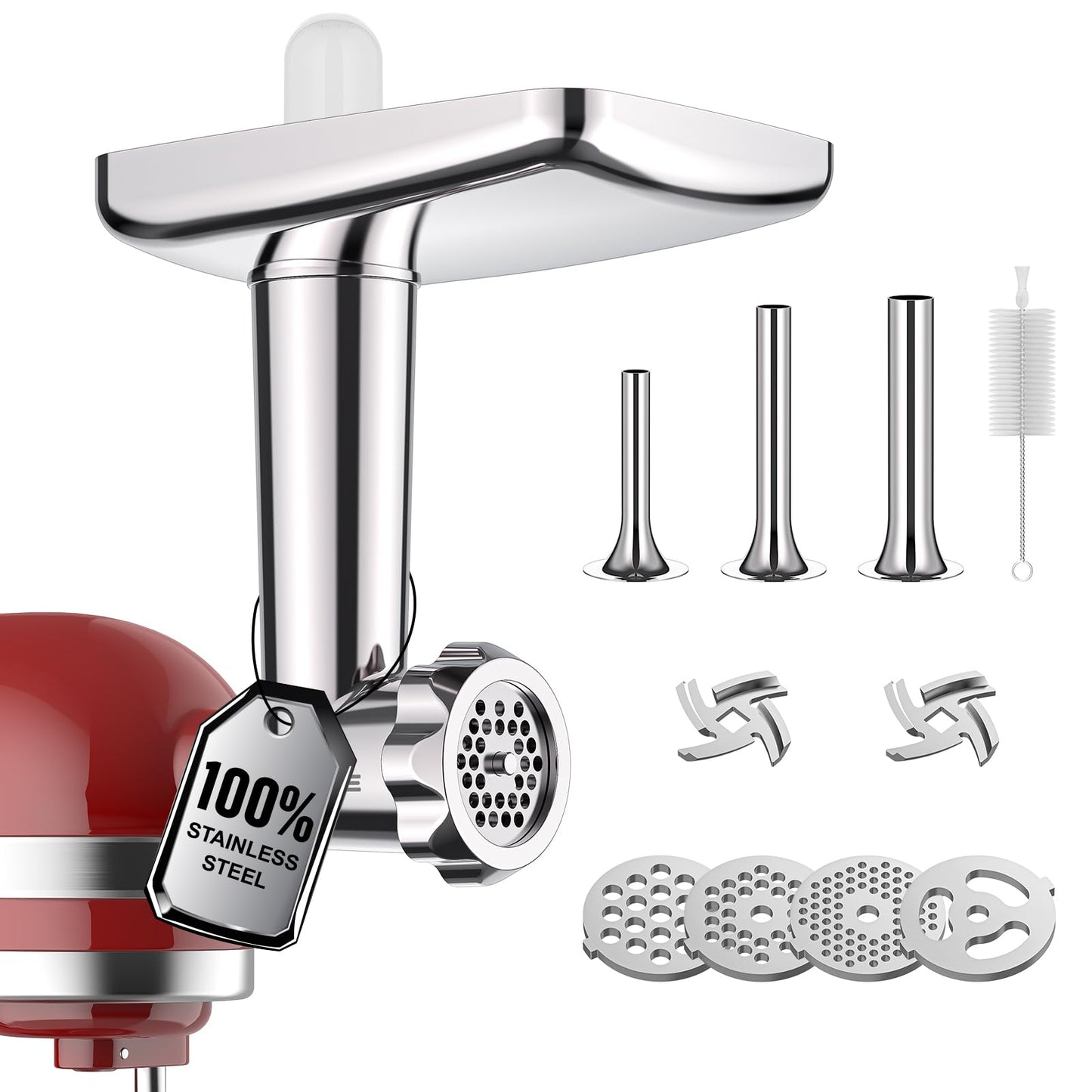 GVODE Stainless Steel Meat Grinder Attachment for KitchenAid Stand Mixer, Meat Grinder for KitchenAid Includes 4 Grinding Plates & 3 Sausage Tubes, Dishwasher-Safe Design with Sausage Stuffer Kit