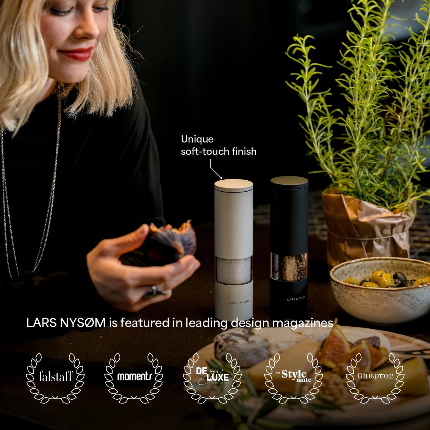 LARS NYSØM Salt and Pepper Grinder Set 2 pieces I Salt Pepper Mill with Adjustable Ceramic Grinder I Design Spice Grinder Set Manual (Stainless Steel)