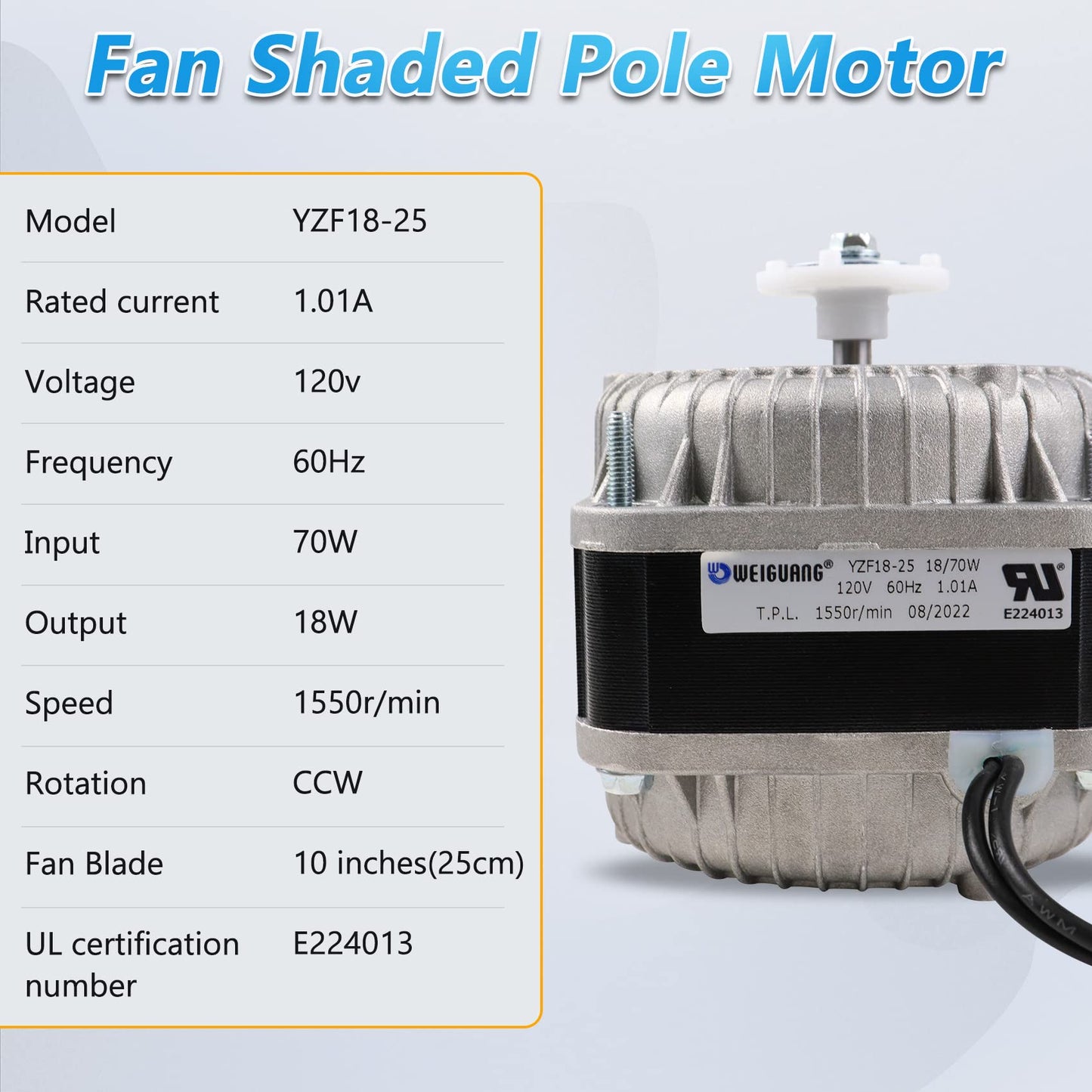 YZF18-25 Fan AC Motor 120V 18W 1.01A 60Hz Shaded Pole Condenser Motor Replace YZF10-20 YZF6-13 W0301905 for Refrigeration Equipment Radiator Evaporator Freezer, Small Ventilation Equipment 1550rpm