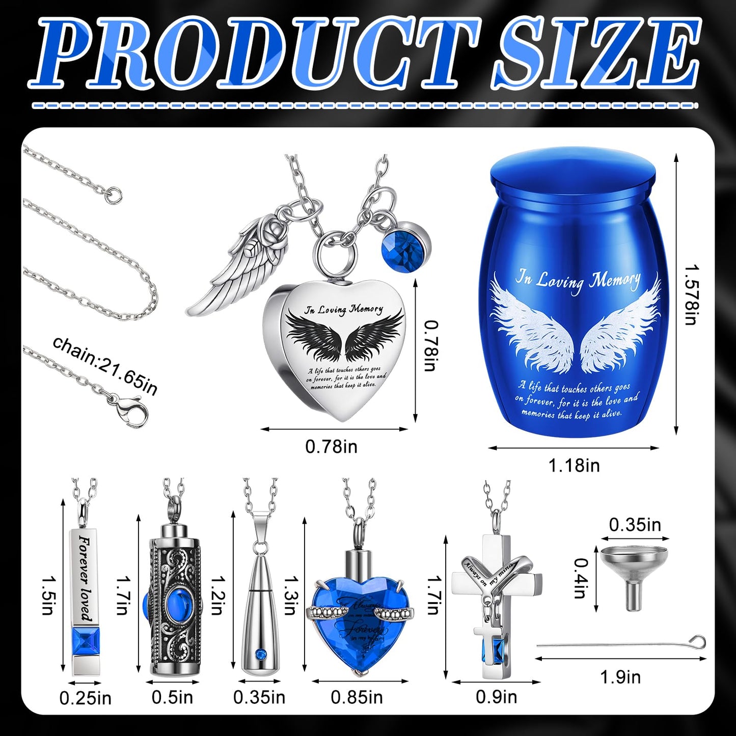 Ecation 12 Set Small Urn Cremation Jewelry Necklaces for Ashes Stainless Steel Keepsake Urns Memorial Locket Mini Ash Holders Waterproof for Human Adult Female Male Family Loved One(Blue)