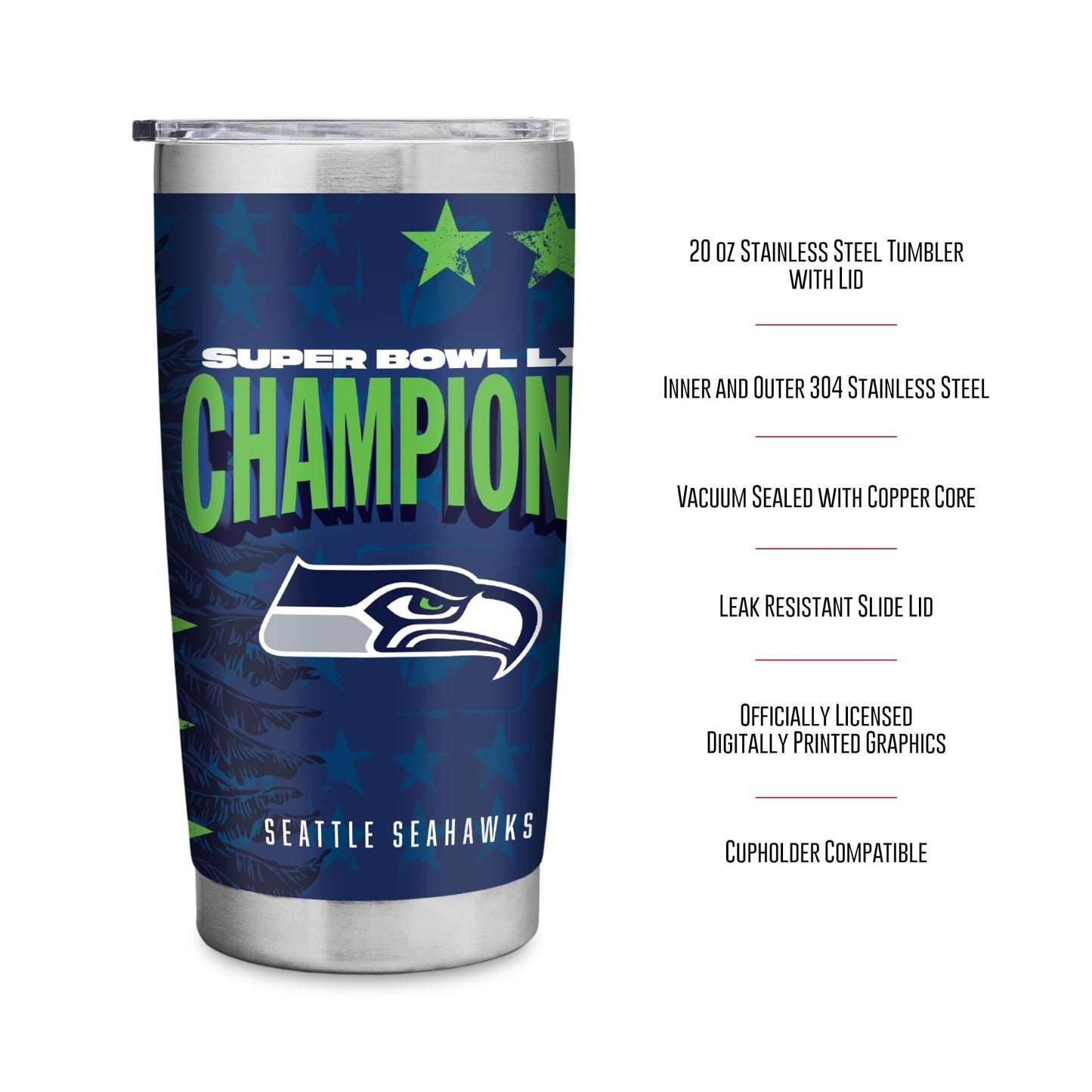Rico Industries NFL Football Seattle Seahawks 2026 Super Bowl LX Champions 20oz Stainless Steel Tumbler with Lid - Great For Coffee, Tea, Water or Cocktails