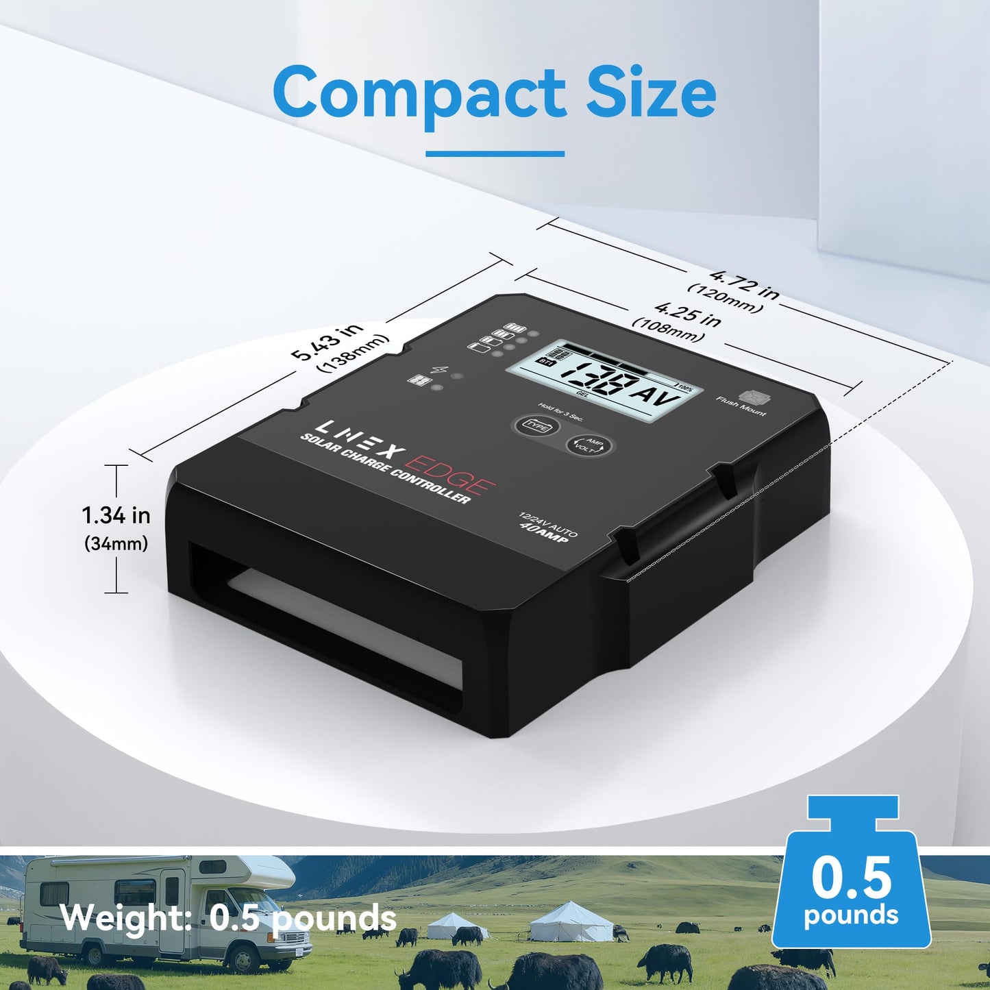 LNEX Solar Charge Controller with Flush Mount Design, 6 Stage Charging with LCD Display 12V/24V Auto PWM Controller 40A for LiFePO4, AGM, Gel, Flooded and Lithium Battery