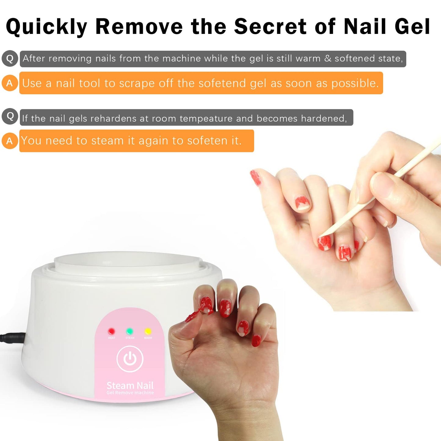 Steam Nail Polish Remover Machine Gel Nail Steamer, Remove Gel Polish Safely without Damaging Nail Bed, Pink