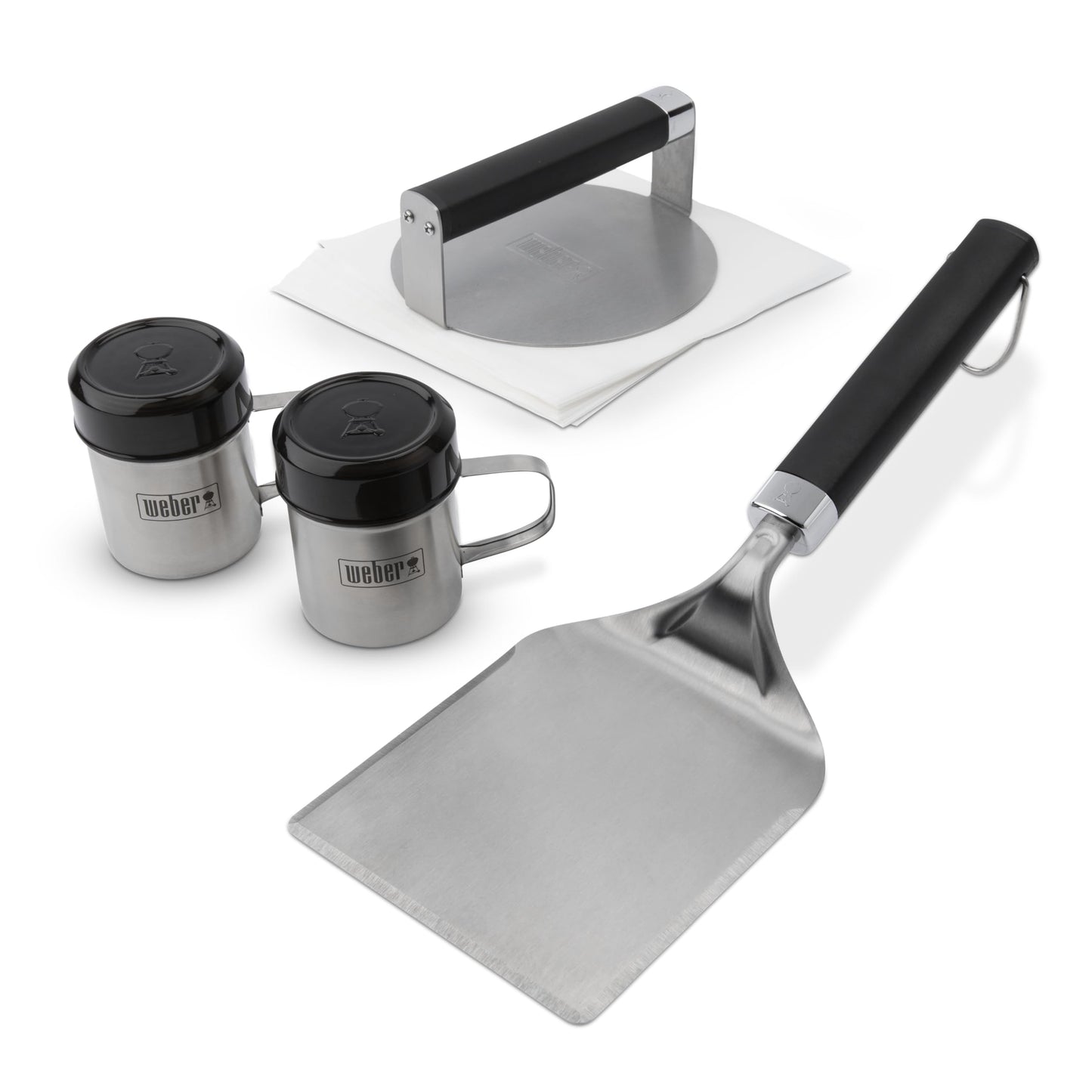 Weber Smashed Burger Set – Smash Press, Wide Spatula & Seasoning Shakers for Perfect Crust Smash Burgers with Patty Paper for Easy Release