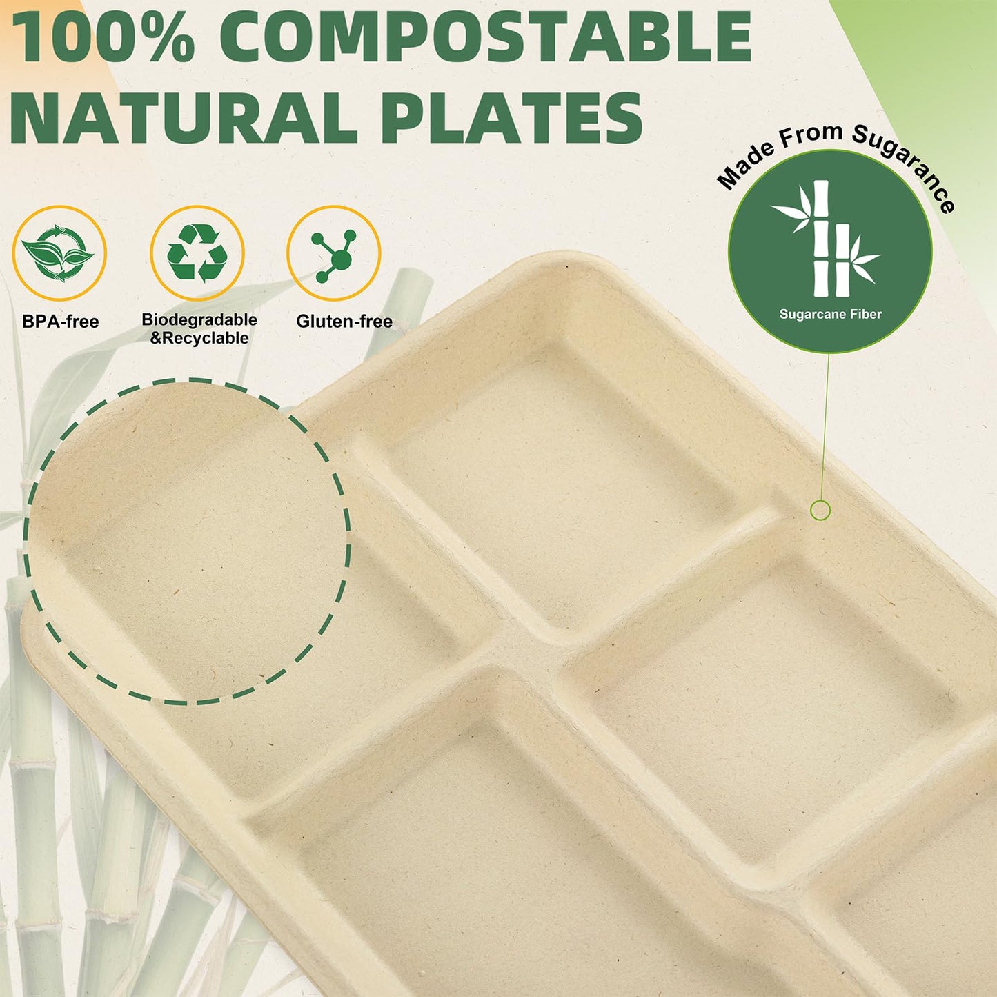 WELLIFE 100% Compostable 5 Compartment Paper Plates, 100 Pack Disposable School Lunch Trays Divided Plates for Adult Youth, 12.5 * 8.6 inch Heavy Duty Eco-Friendly Bagasse Plate for Buffet and Party