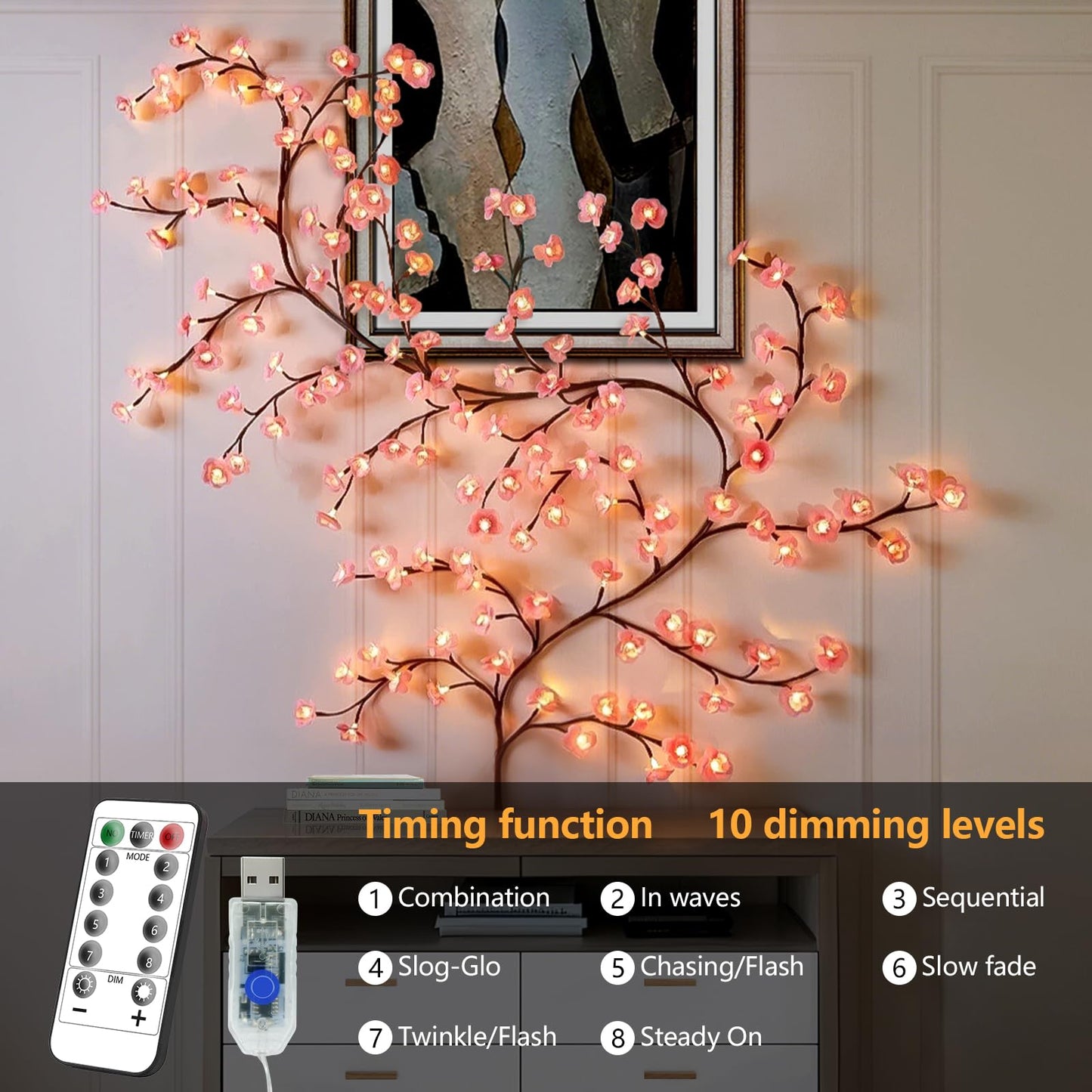FNHMSL Cherry Enchanted Willow Vine Lights 7.55FT 144LED Pink Cherry Blossom Tree Branch Lights for Wall, Remote Timer,8 Light Model,Bedroom Wall Doors Wedding, Christmas, USB Battery Box