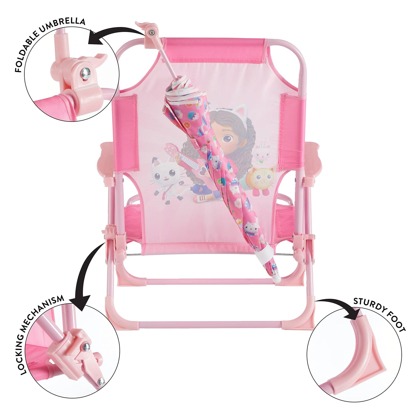 Idea Nuova Gabby’s Dollhouse Kids Folding Beach Chair with Umbrella, Outdoor Chair for Girls Ages 3+,Portable, Lightweight, UV Protection - Patio, Pool, Beach Travel Accessory
