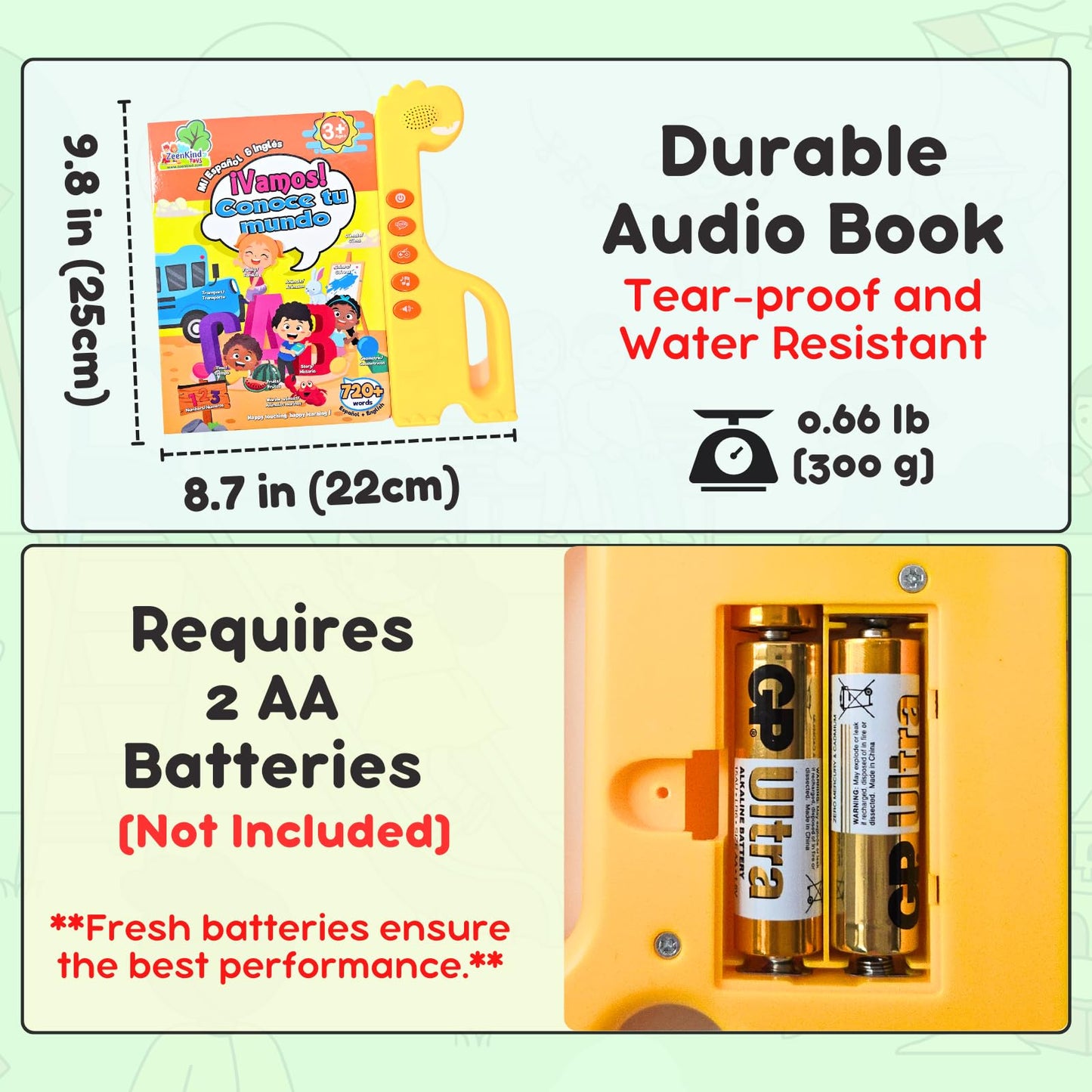 Zeenkind Spanish English Sound Book for Kids 2 3 4 5 Years Old, 420 Words Audio Talking Books for Toddler, Interactive Toys to Learn Spanish, Bilingual Book Juegos para Niños