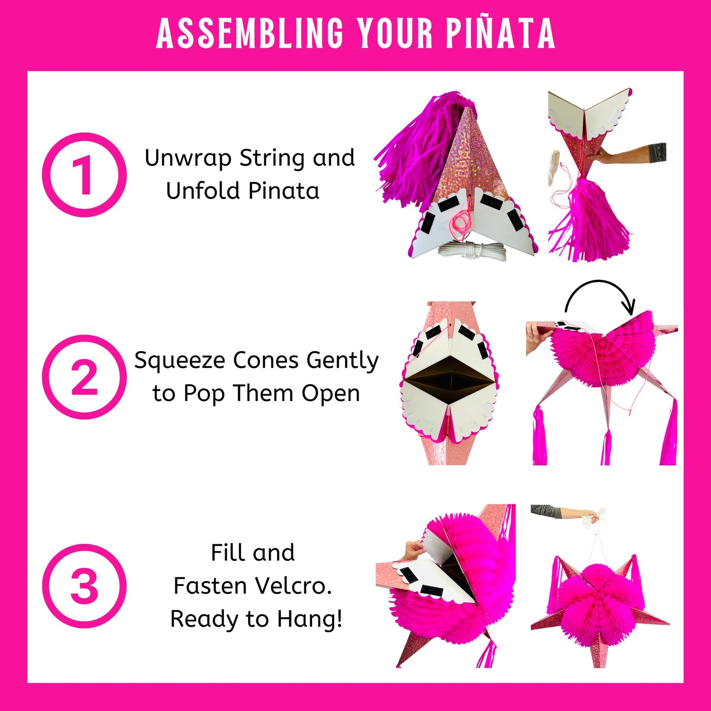 Mexican Star Pinata (32"), Hot Pink Piñata with Rose Gold Cones and 30 ft Rope - Large Pinata for Baby/Bridal Shower, Quinceañera, Glamorous Pink Party Decoration