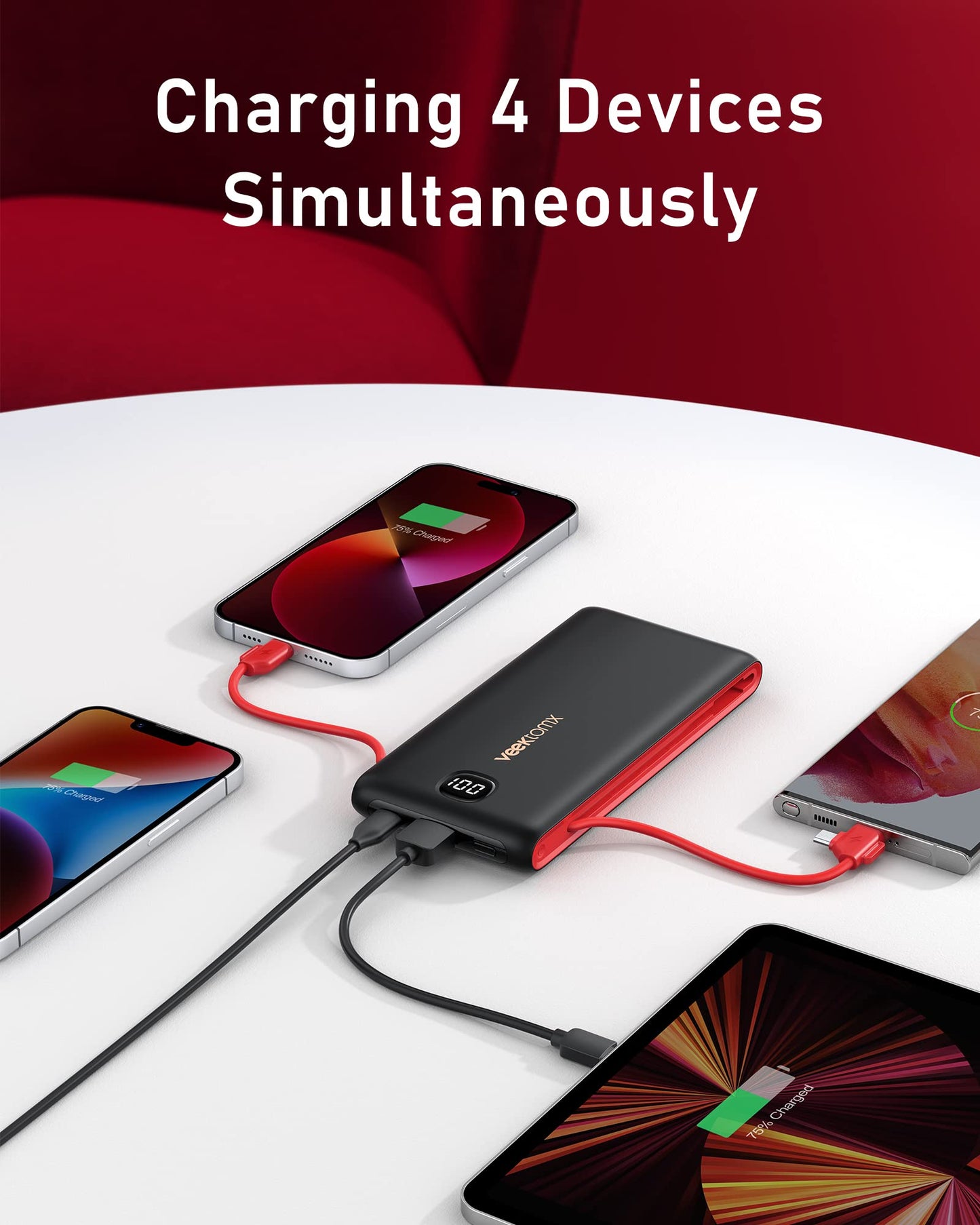 VEEKTOMX Portable Charger with Built in Cables 10000mAh, Power Bank for iPhone with AC Wall Plug, Fast Charging USB C Slim Battery Pack with LED Display Compatible with iPhone15/14/13, Samsung